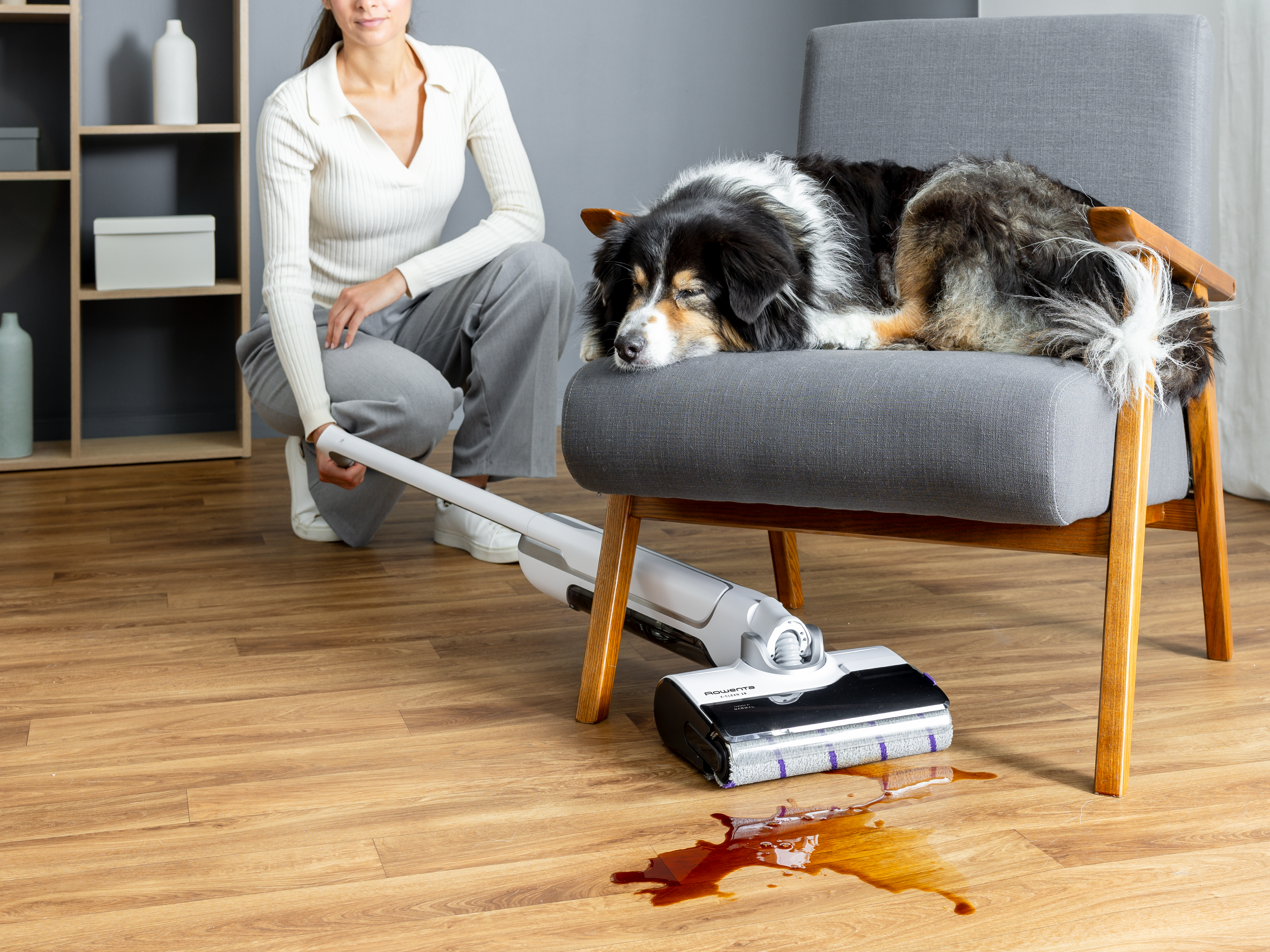 Eine Frau kniet mit einem Staubsauger in der Nähe eines Stuhls, auf dem ein Hund ruht. Auf dem Boden ist etwas verschüttet.