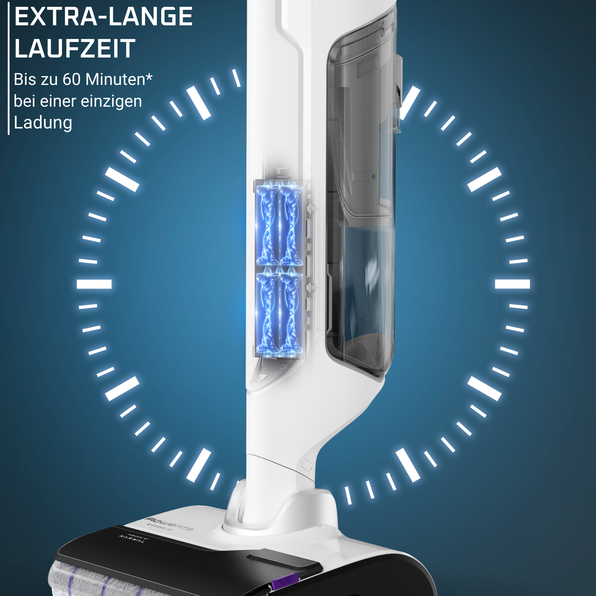 Ein weißer und schwarzer Staubsauger mit blauem Hintergrund und dem Text 'EXTRA-LANGE LAUFZEIT'. Der Reiniger zeigt eine Batterie.