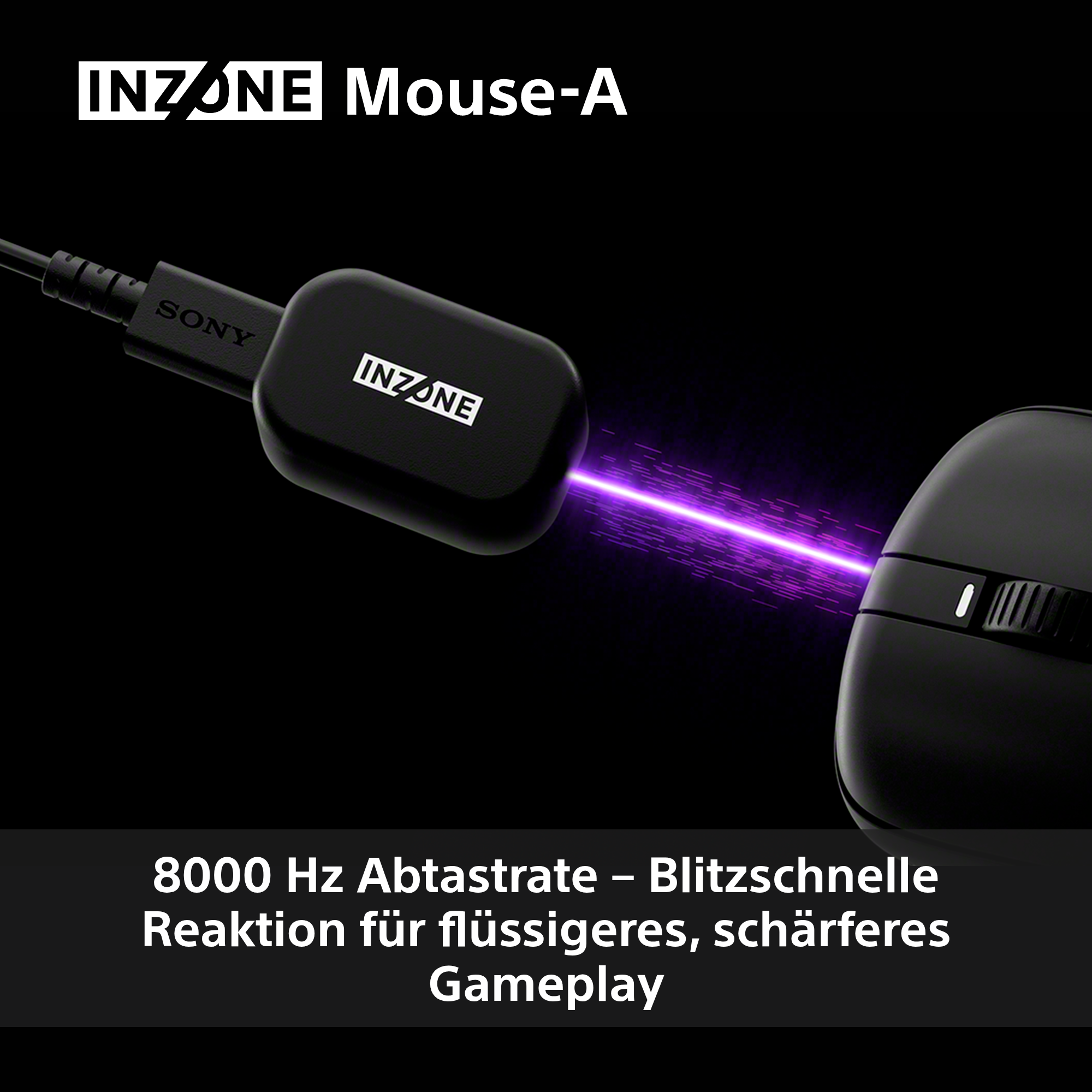 Schwarze INZONE Maus-A. Maus ist mit einer schwarzen Box mit einem lila Lichtstrahl verbunden. Der Hintergrund ist schwarz.