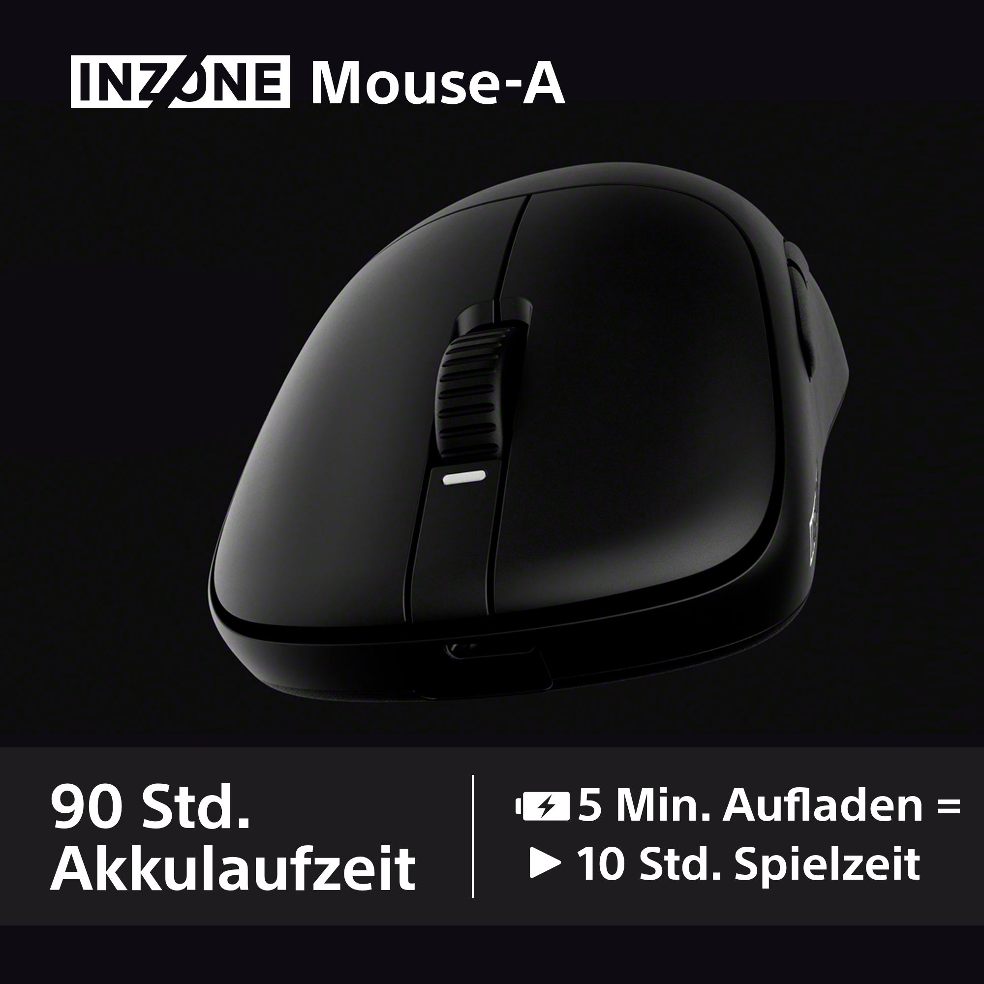 Schwarze INZONE Mouse-A Gaming-Maus. Merkmale: Scrollrad, 90 Stunden Akkulaufzeit und 10 Stunden Spielzeit nach 5 Minuten Aufladen.