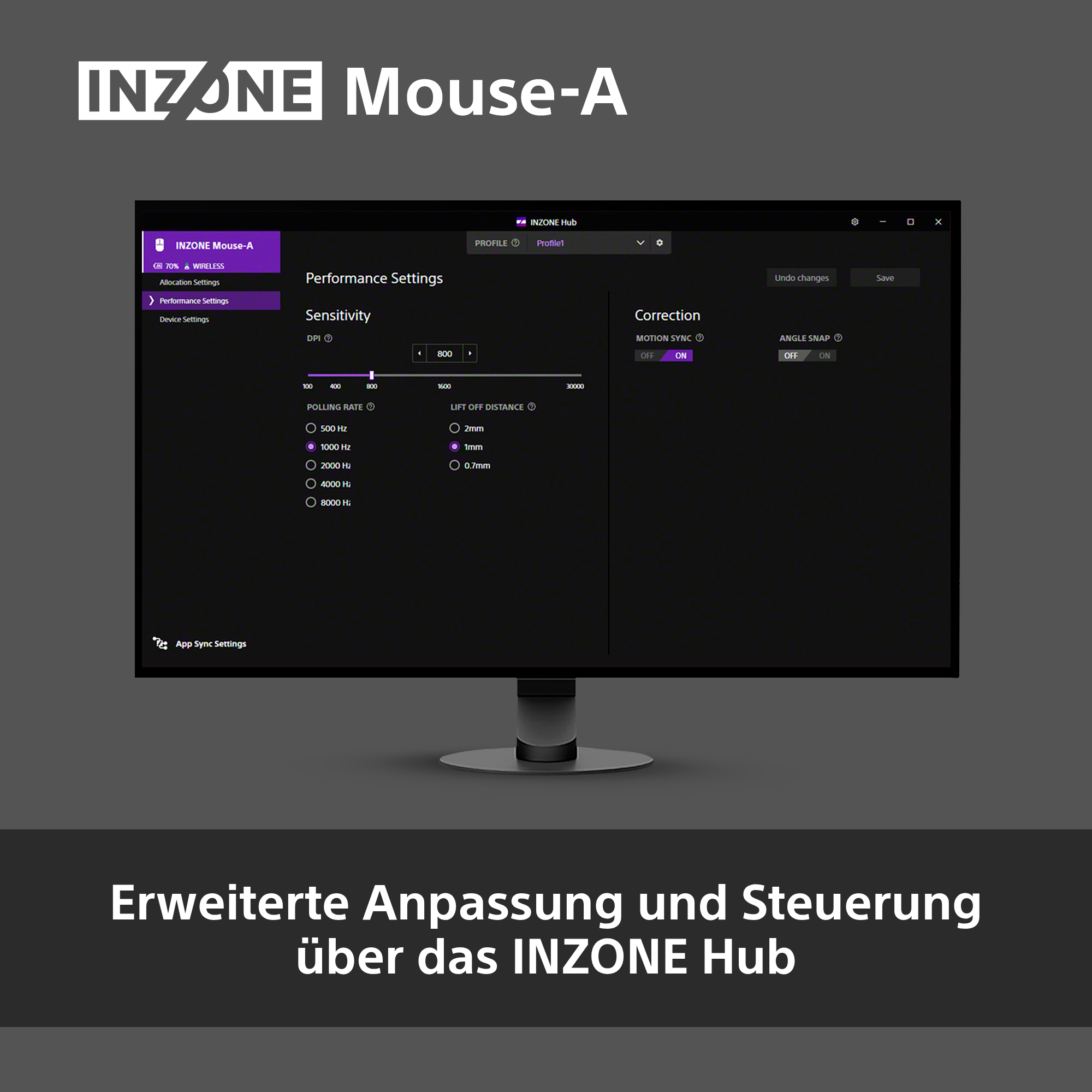 INZONE Mouse-A-Einstellungen auf dem Bildschirm. Optionen umfassen DPI, Polling-Rate, Lift-Off-Distanz, Motion Sync und Angle Snap.