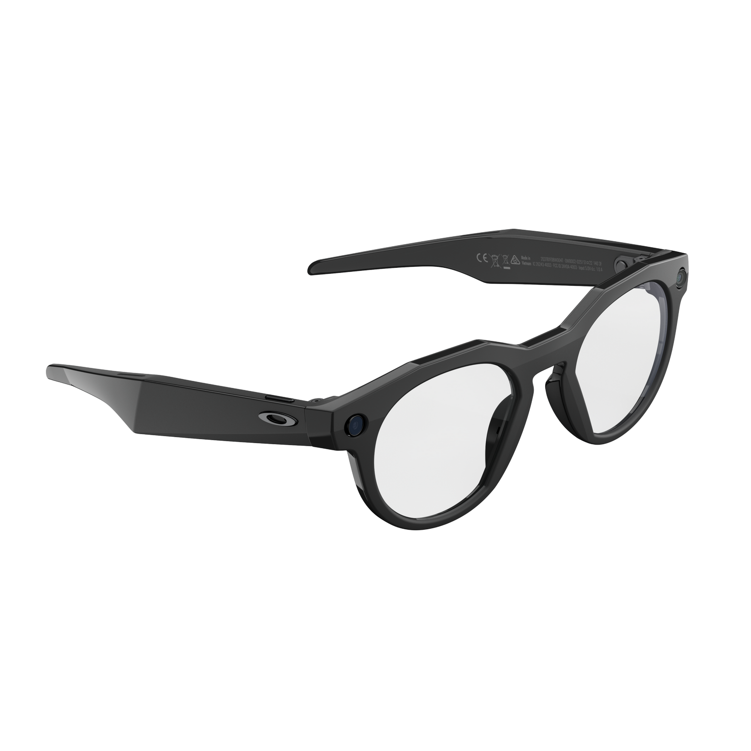 Gafas inteligentes negras con lentes blancas, sobre un fondo gris. Las gafas tienen un diseño moderno con monturas gruesas.