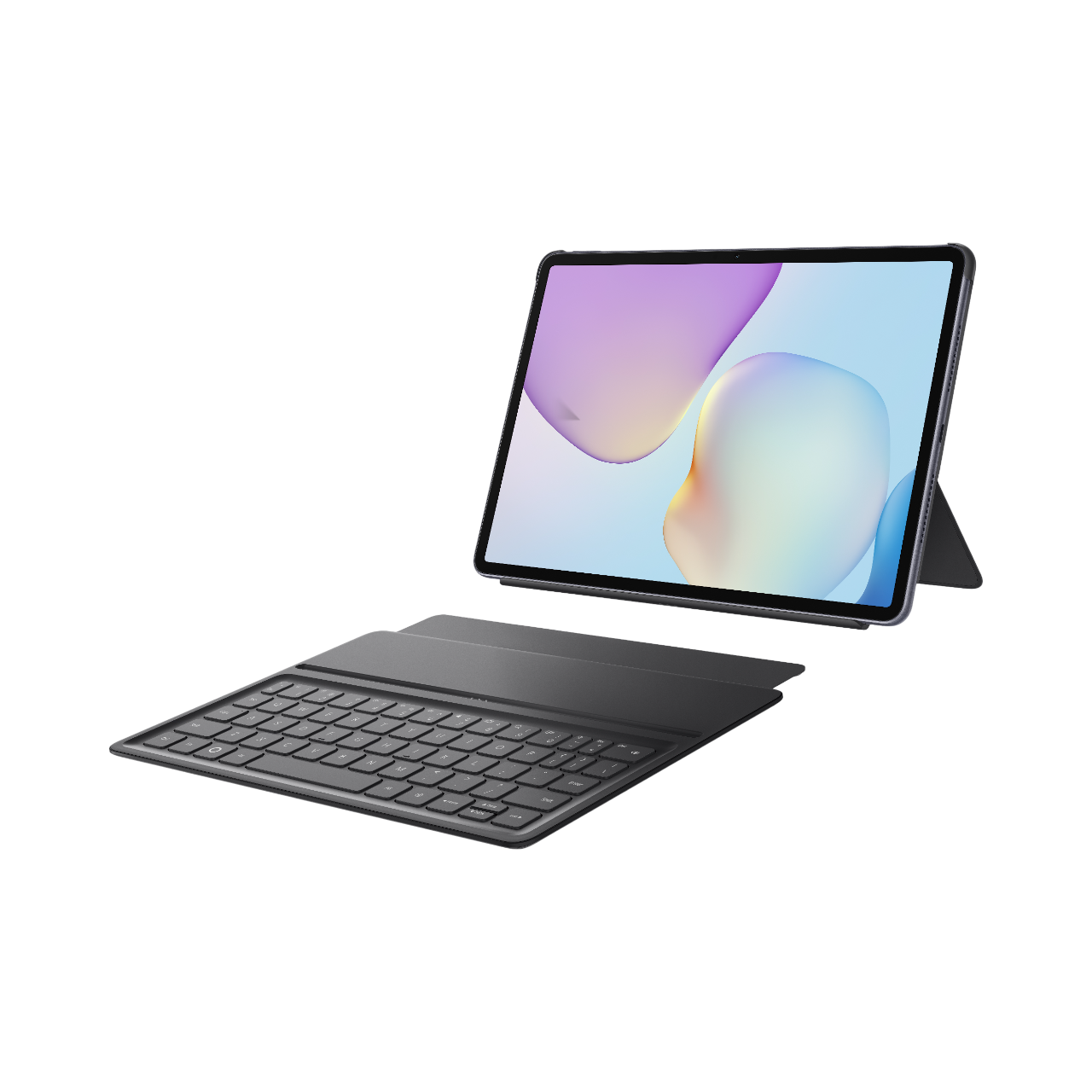 Klavyeli bir tablet. Tablet desteklenmiş, renkli bir ekran gösteriyor. Klavye tabletin önünde duruyor.