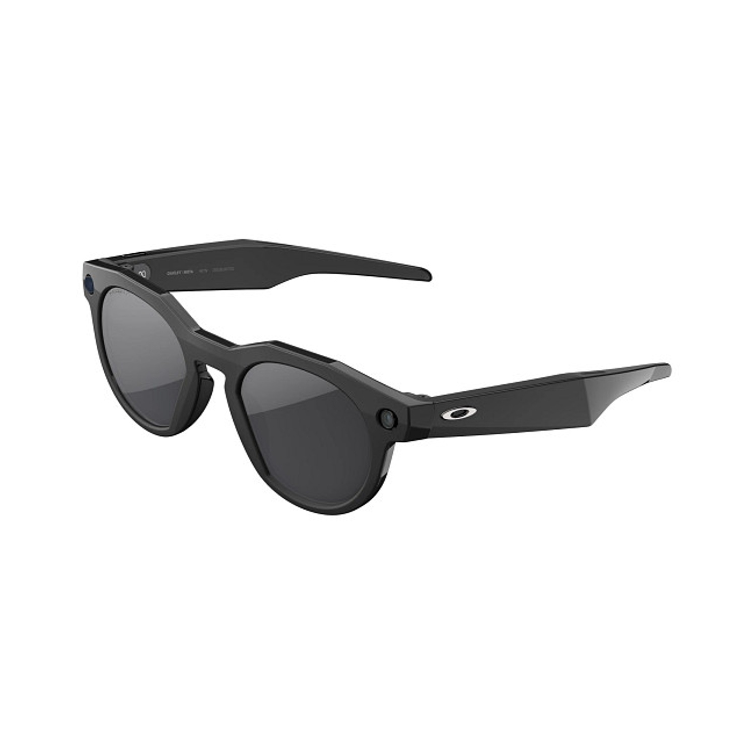 Occhiali intelligenti Oakley neri su sfondo bianco. Gli occhiali hanno lenti scure e montatura spessa. Il logo Oakley è visibile.
