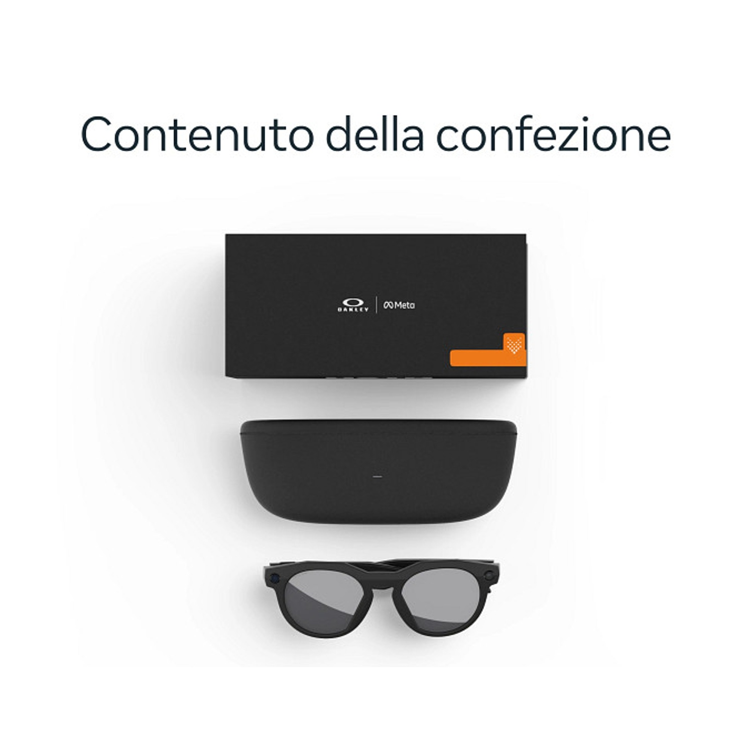 Scatola nera, astuccio e occhiali da sole su bianco. In alto testo 'Contenuto della confezione'. Loghi Oakley e Meta visibili.