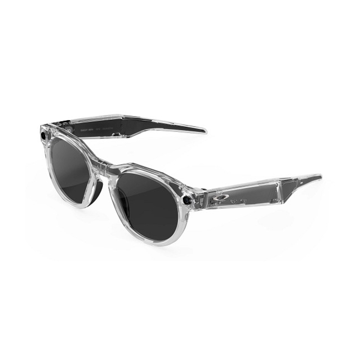Occhiali da sole con montatura trasparente e lenti scure su sfondo bianco. Le aste sono nere e hanno un design elegante.
