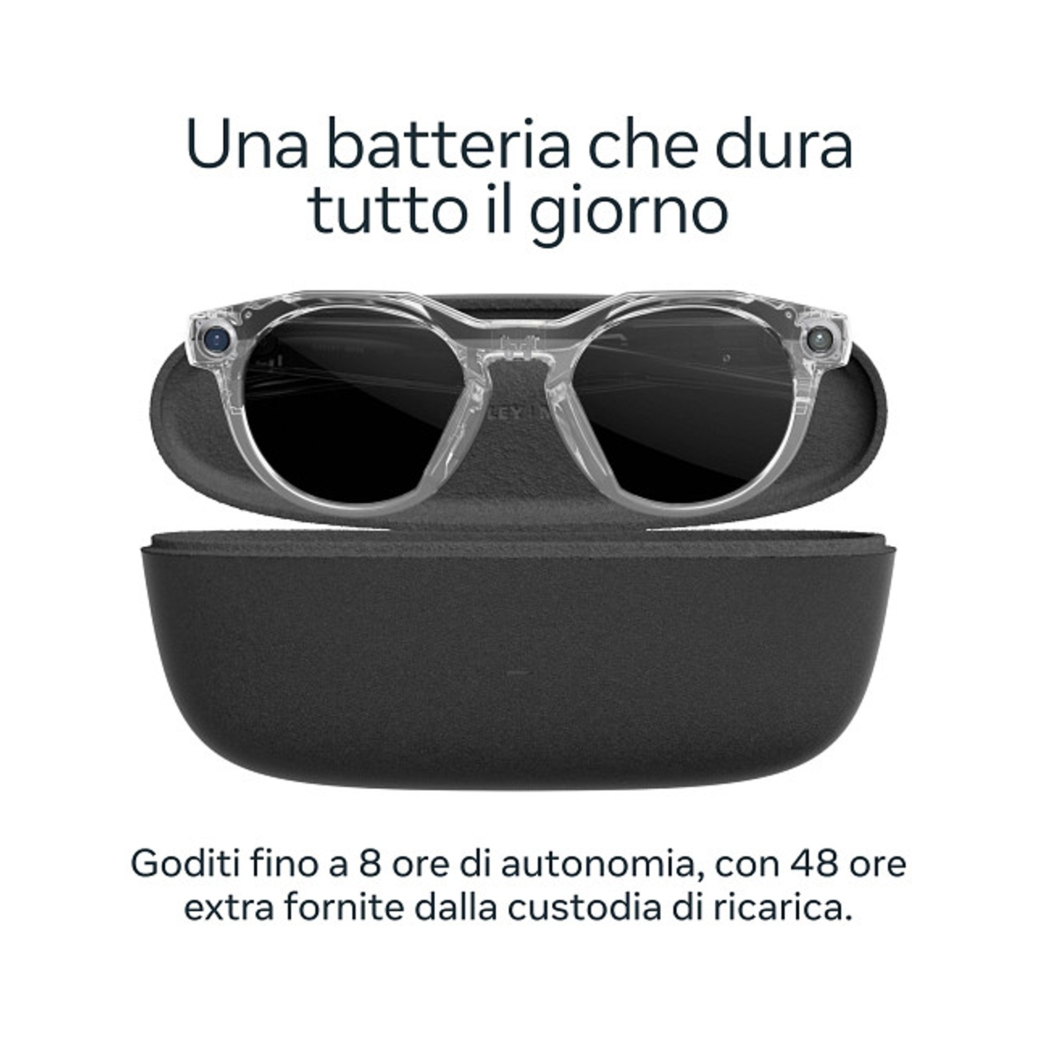 Occhiali intelligenti con montatura trasparente e lenti scure in una custodia. Testo: 'Una batteria che dura tutto il giorno'.