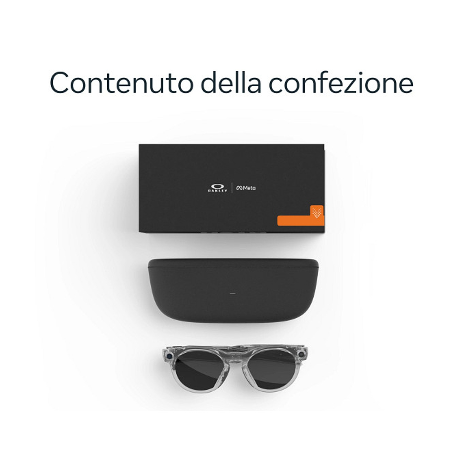 Una scatola nera, un astuccio per occhiali e occhiali da sole sono esposti. La scatola ha i loghi Oakley e Meta. Gli occhiali sono trasparenti.