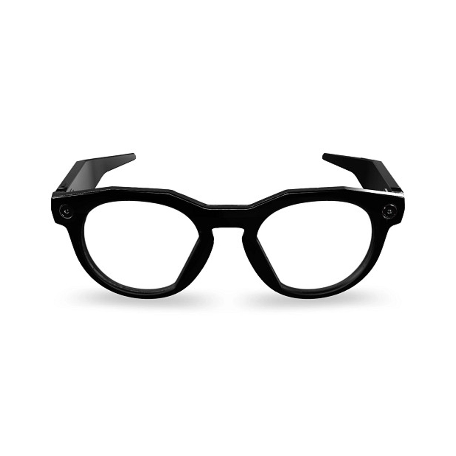 Occhiali con montatura nera su sfondo bianco. Gli occhiali hanno un design moderno con lenti trasparenti e montature spesse e angolari.