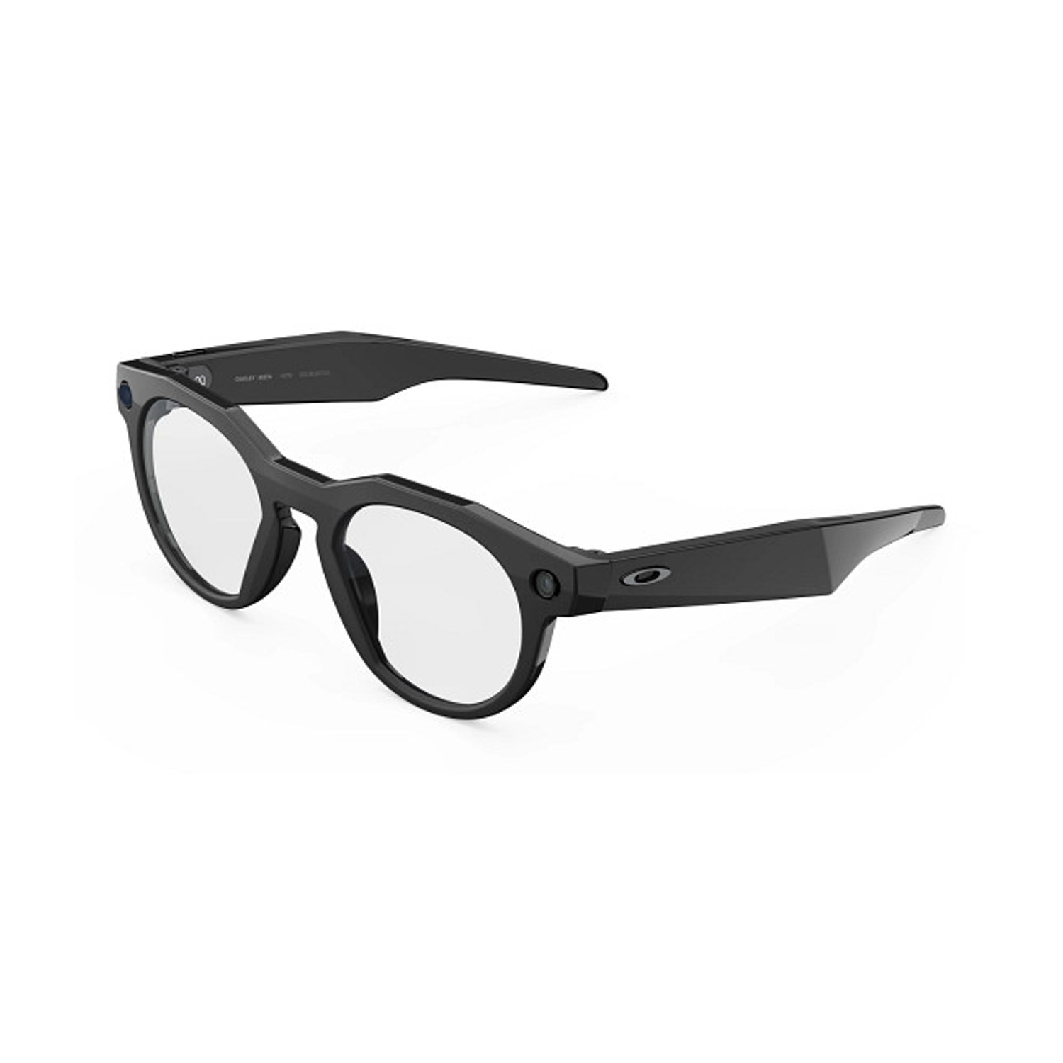 Occhiali intelligenti neri con lenti trasparenti, design elegante e aste curve. Un piccolo punto blu e un'emblema circolare sono visibili sulla montatura.