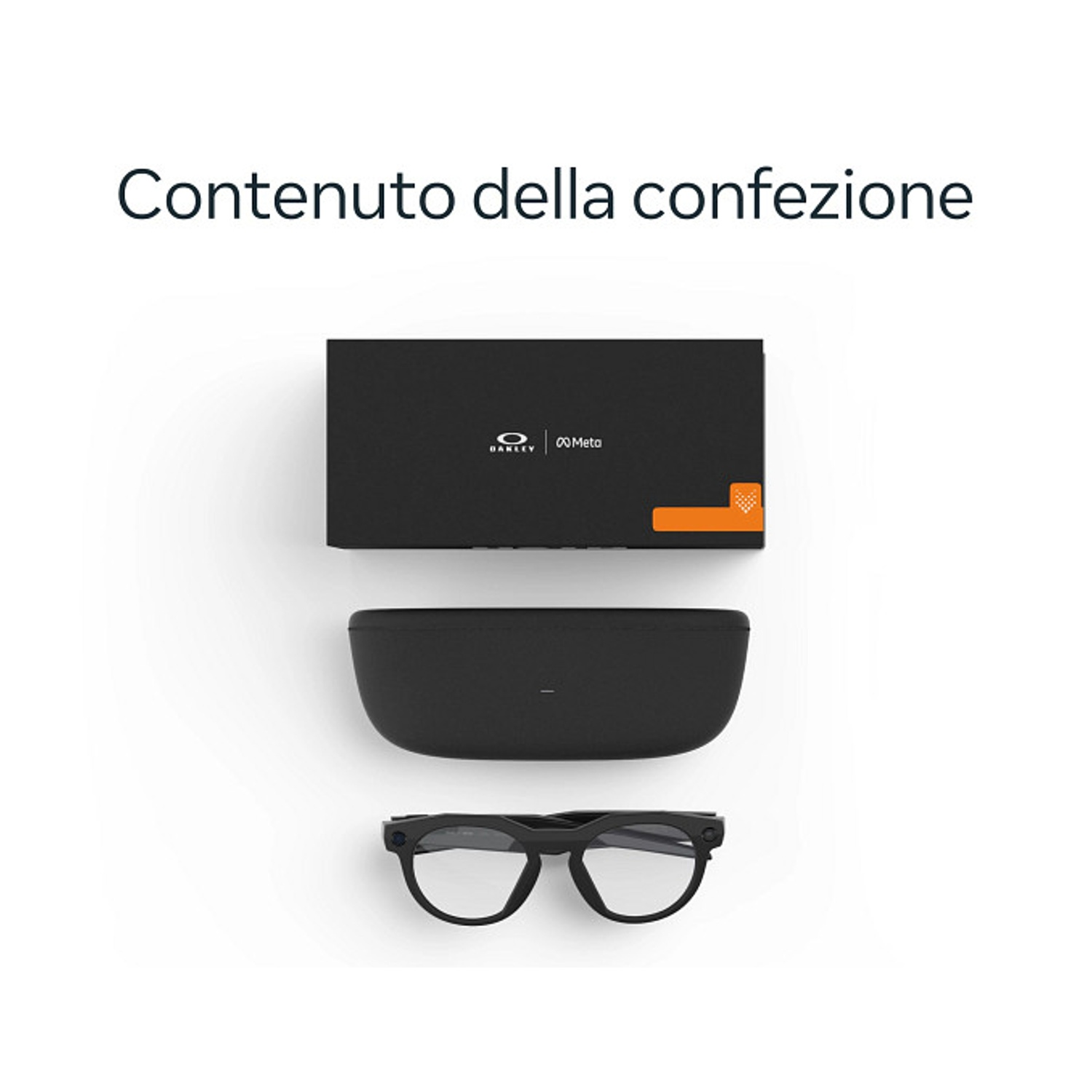 Occhiali e custodia neri su sfondo bianco. Sopra, una scatola nera con il logo Oakley e Meta.