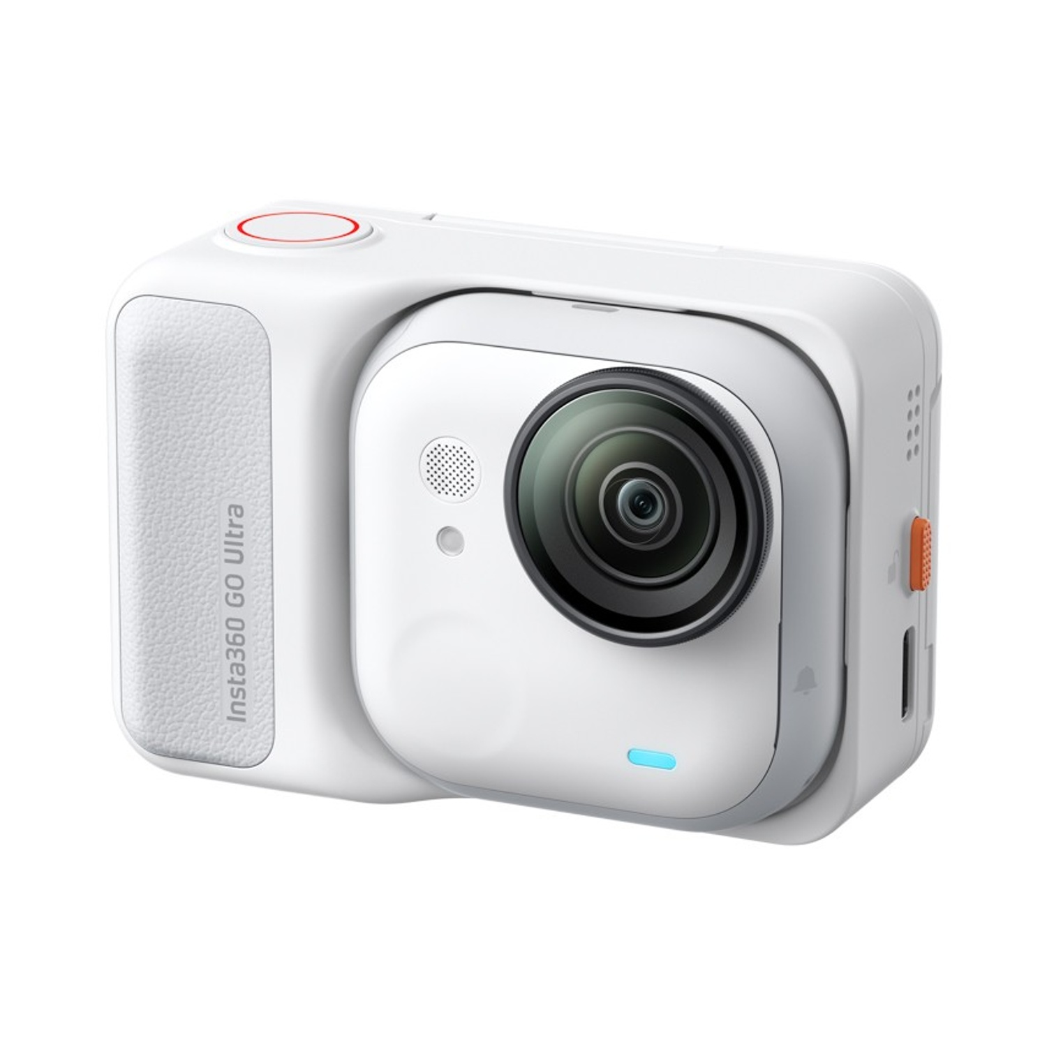 Una fotocamera bianca Insta360 GO Ultra. Ha un obiettivo, un pulsante e un piccolo schermo. La fotocamera ha dettagli arancioni e blu.