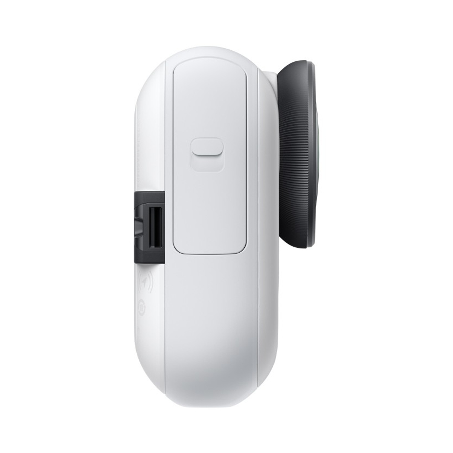 Una fotocamera bianca con lente nera e porta nera. La fotocamera ha un design curvo e un piccolo pulsante curvo.