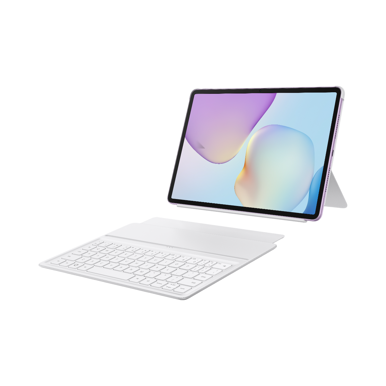 Klavyeli tablet, leylak çerçeve, beyaz stand ve klavye. Ekran soyut pastel renkler gösteriyor. Siyah arka plan üzerinde izole edilmiştir.