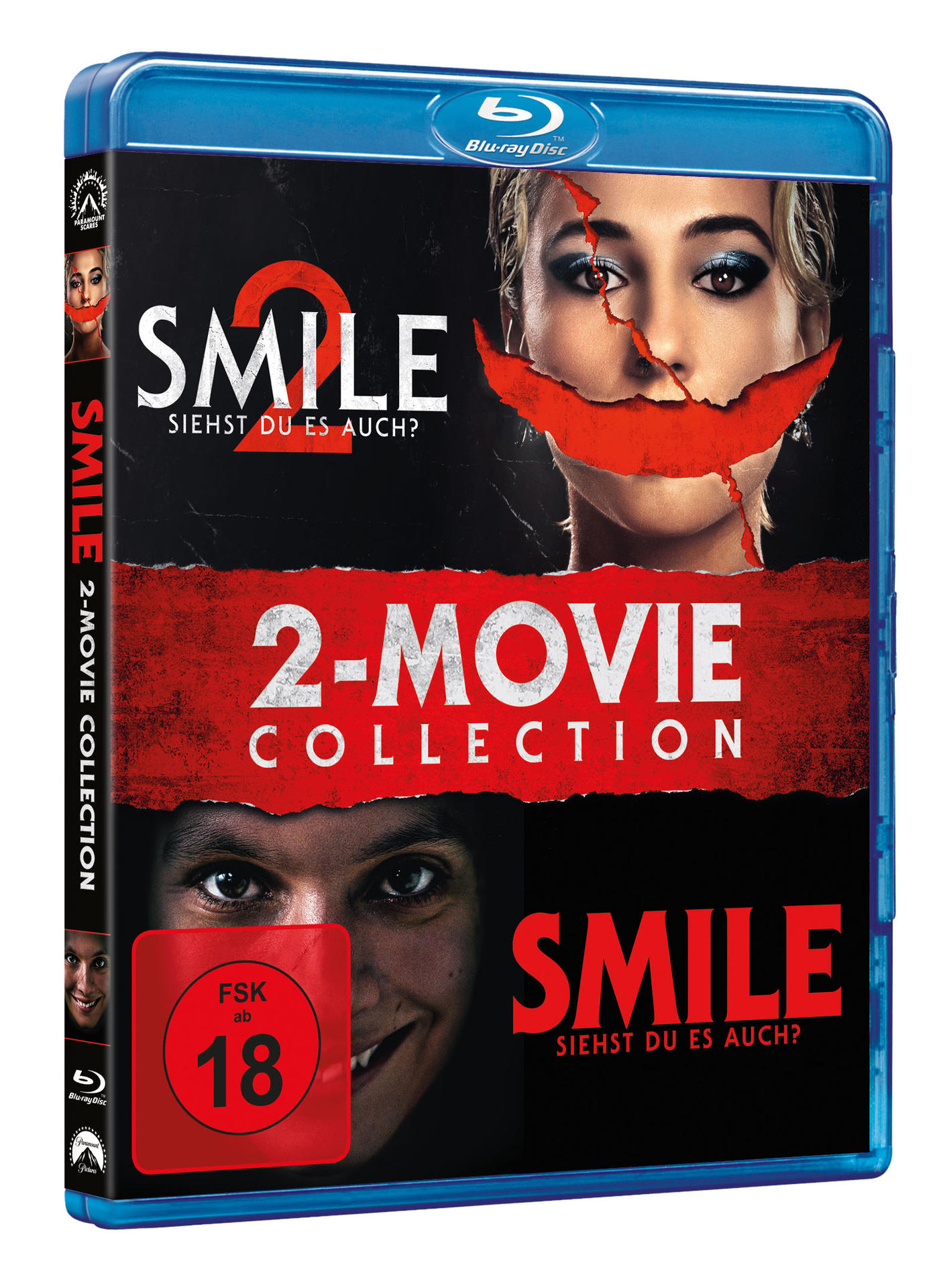 Blu-ray-Cover für 'Smile 2-Movie Collection'. Zeigt eine Frau mit einem roten Lächeln im Gesicht. Die Disc ist ab 18 Jahren freigegeben.