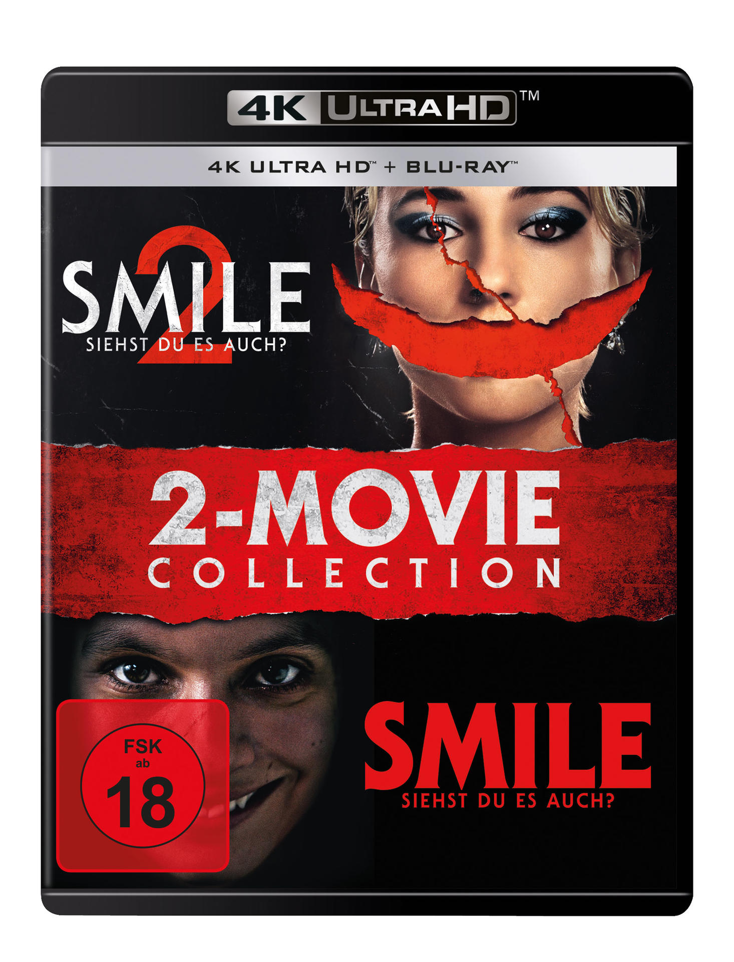 Filmcover für 'Smile 2'. Zeigt ein zerrissenes Frauen-Gesicht mit einem roten Strich, Text 'Smile 2' und '2-Movie Collection' sowie eine Altersfreigabe.