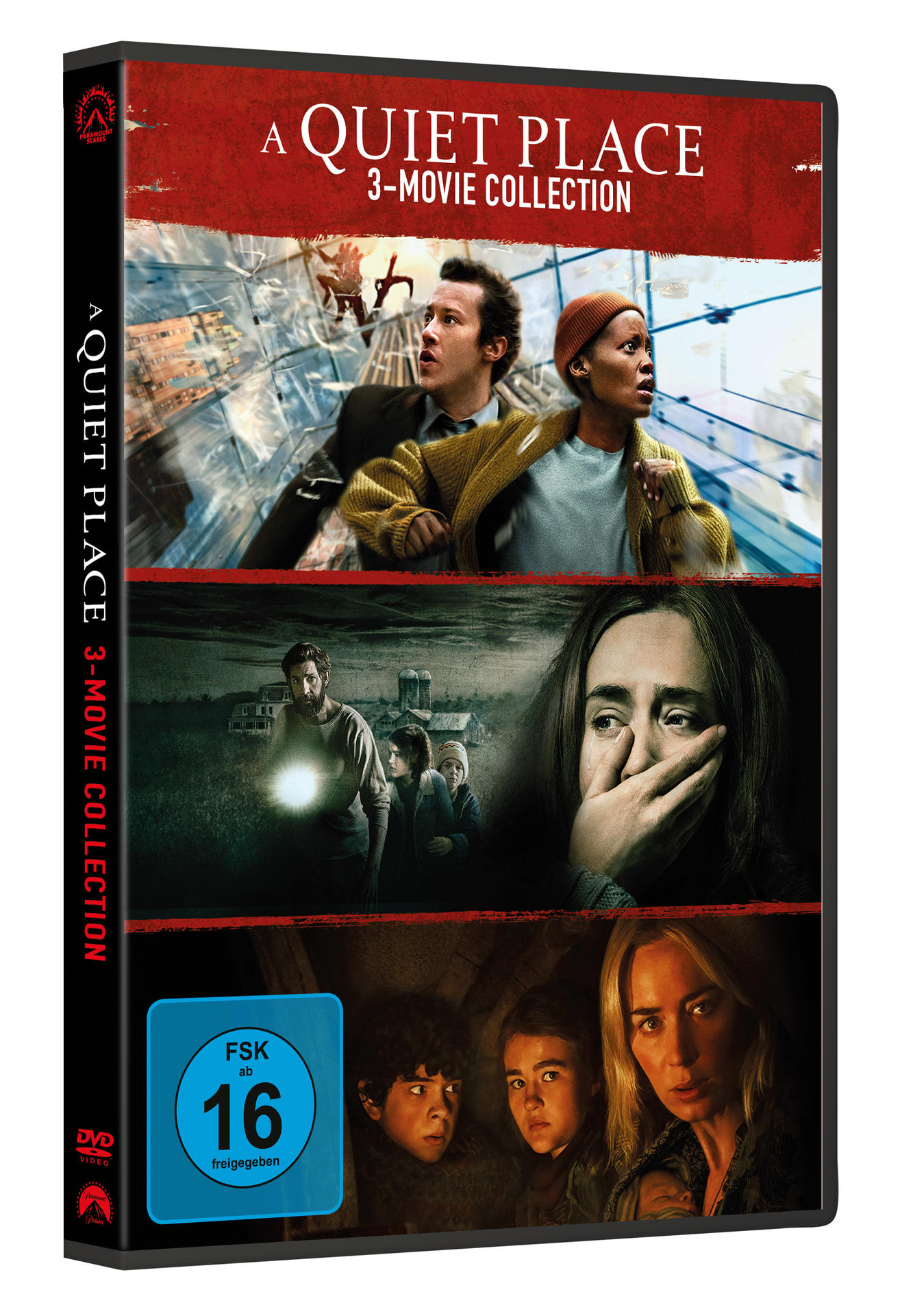 DVD-Cover für A Quiet Place 3-Movie Collection. Enthält Schauspieler und Szenen aus den Filmen mit blauem Bewertungssymbol.