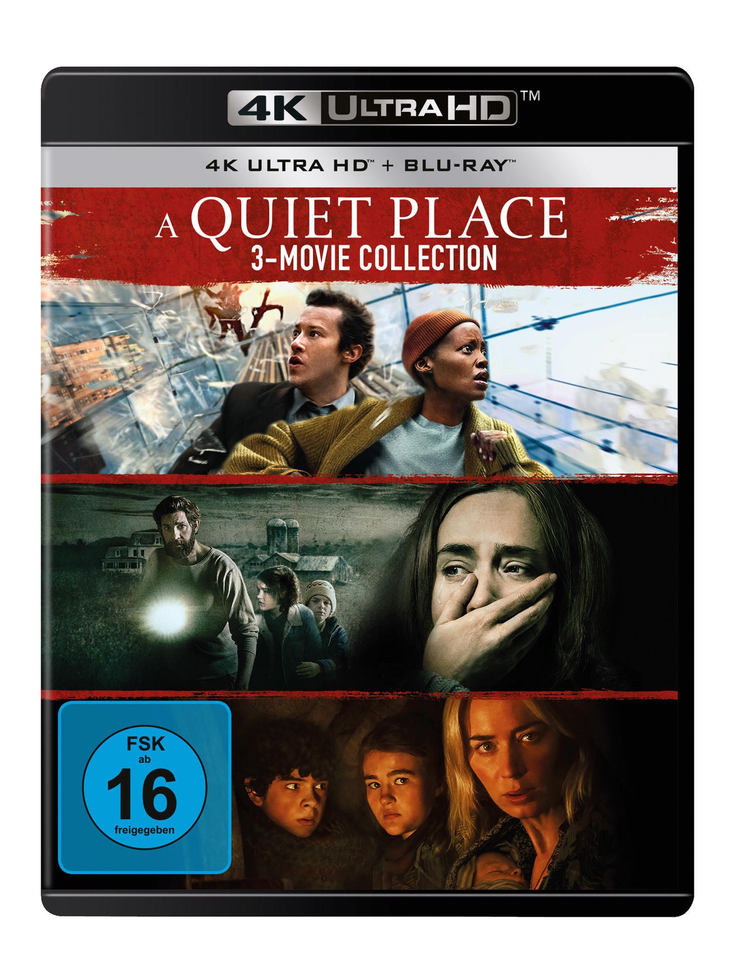 Blu-ray-Hülle von "A Quiet Place" 3-Movie-Collection. Schauspieler schauen mit ängstlichen Ausdrücken nach oben. Inklusive Altersfreigabe FSK 16.