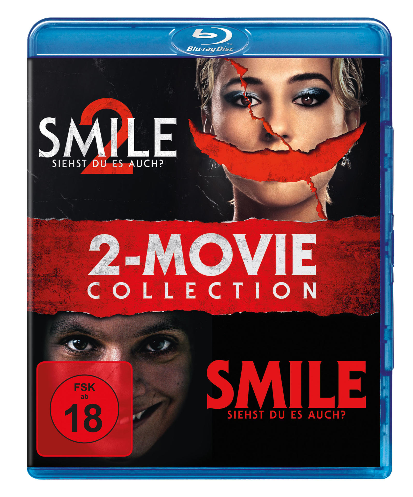 Blu-ray-Disc für den Film "Smile 2-Movie Collection". Es zeigt ein rotes Lächeln über dem Gesicht einer Frau und einen lächelnden Mann darunter.