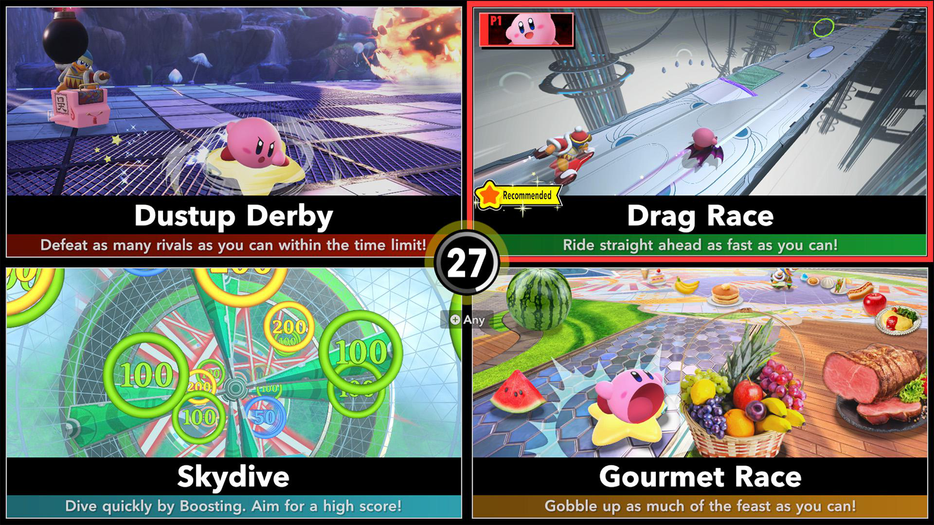 Vier Spielabschnitte: Dustup Derby mit Kirby, Drag Race, Skydive mit Zielscheibe und Gourmet Race mit Essen.