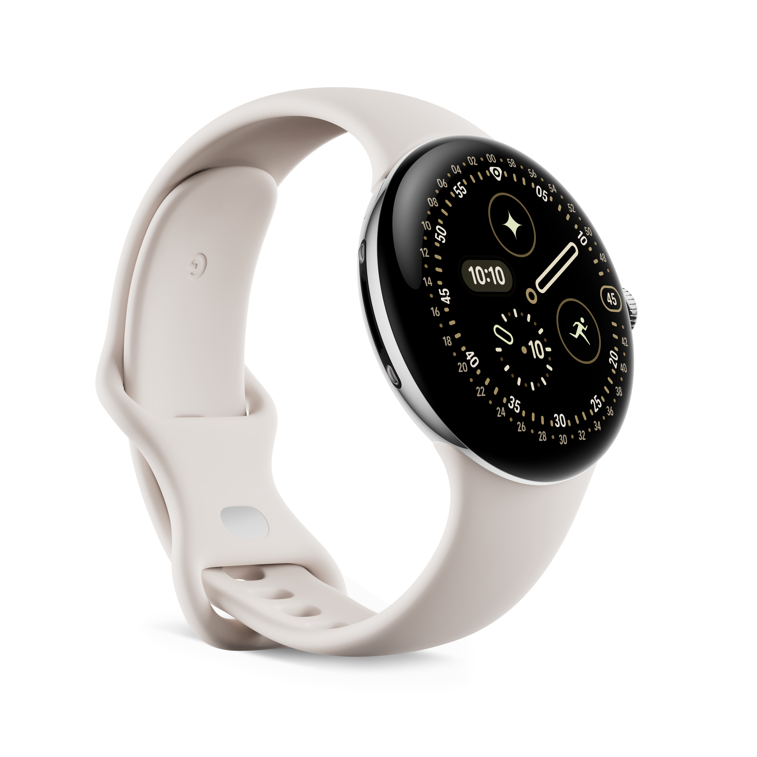 Eine Smartwatch mit cremefarbenem Armband und schwarzem Zifferblatt, das die Uhrzeit und Aktivitätssymbole anzeigt.