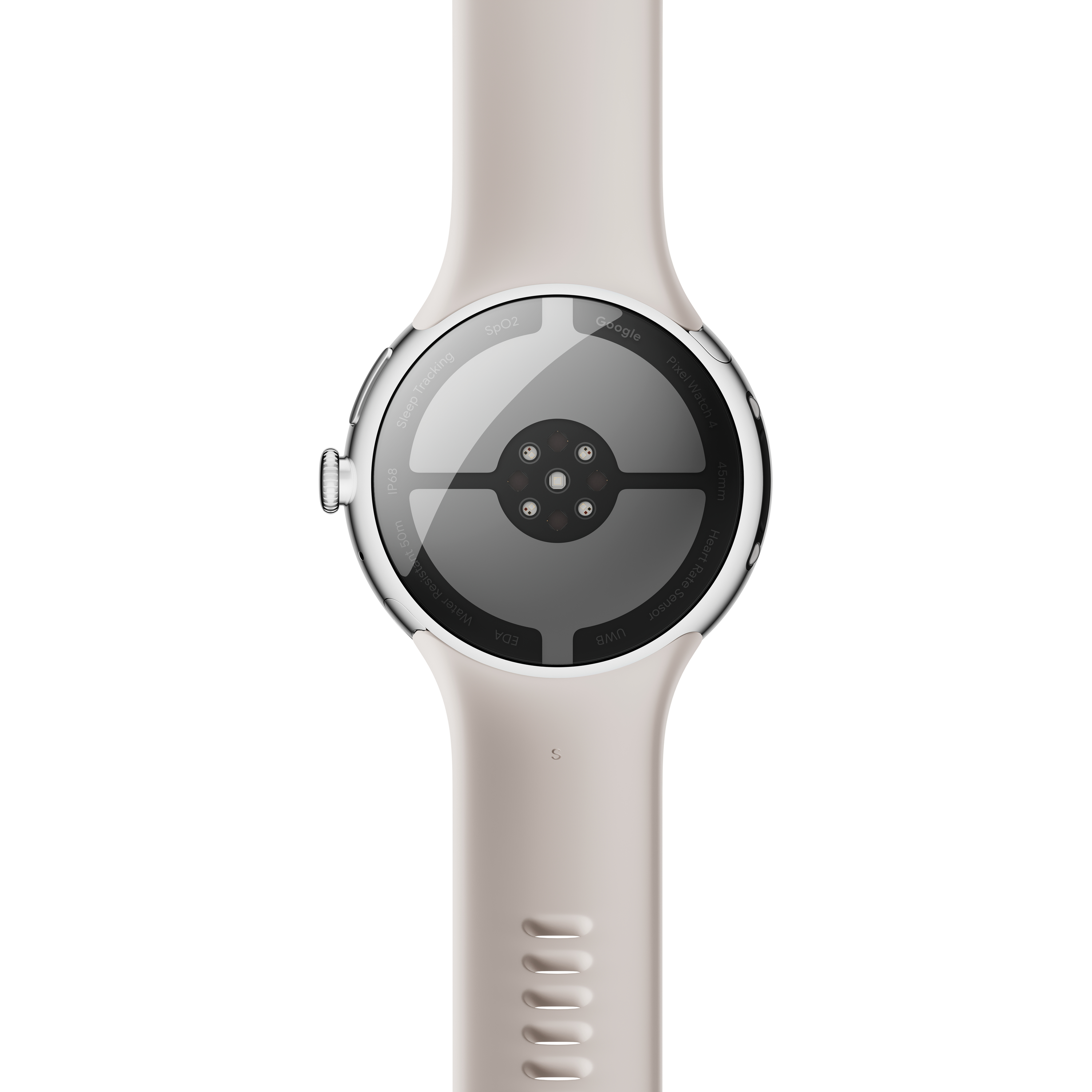 Nahaufnahme einer beigefarbenen Smartwatch, die die Rückseite mit Sensoren, Google-Branding und Labels wie 'Sleep Tracking' zeigt.