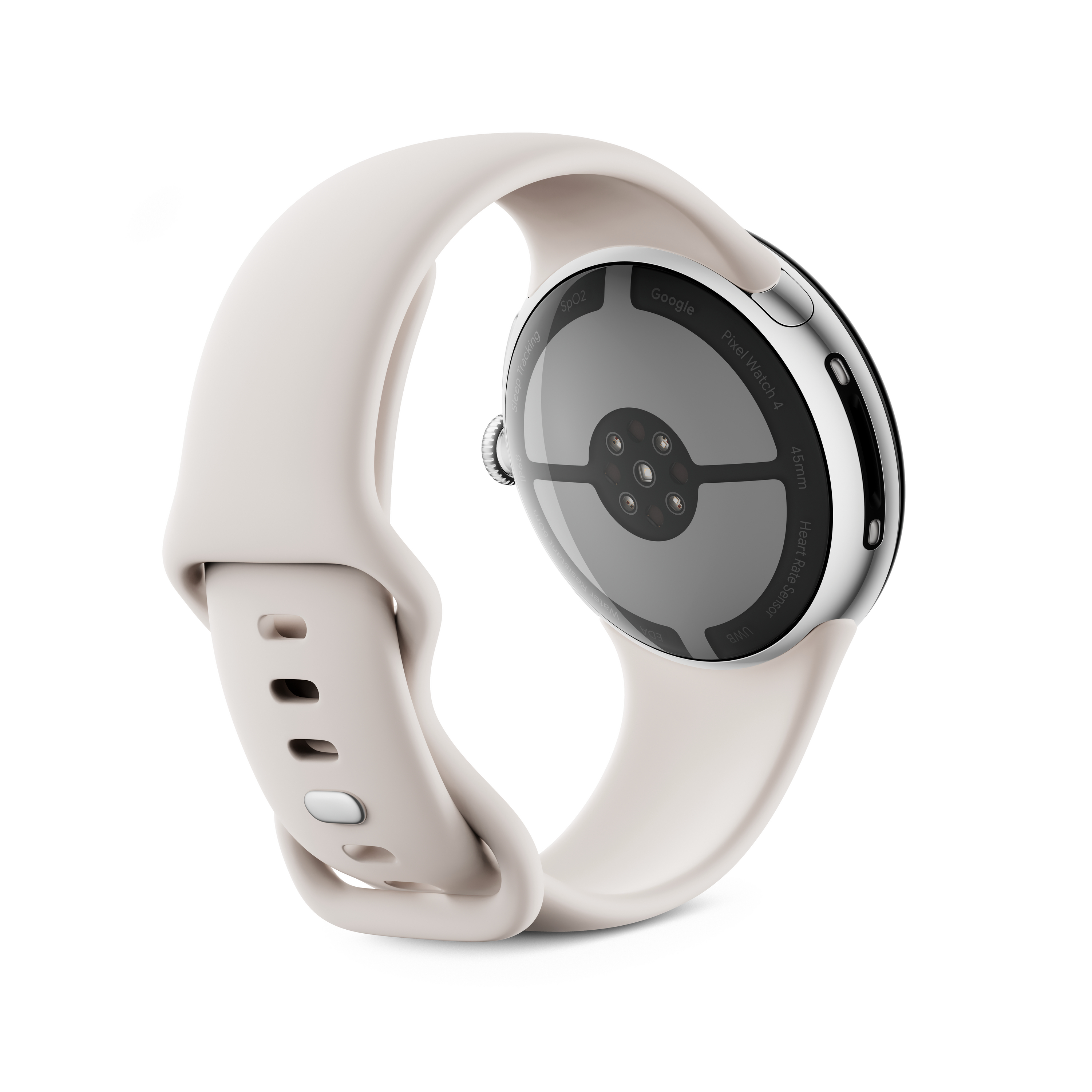 Nahaufnahme einer cremefarbenen Google Pixel Watch 4 mit cremefarbenem Armband, Details der Unterseite.