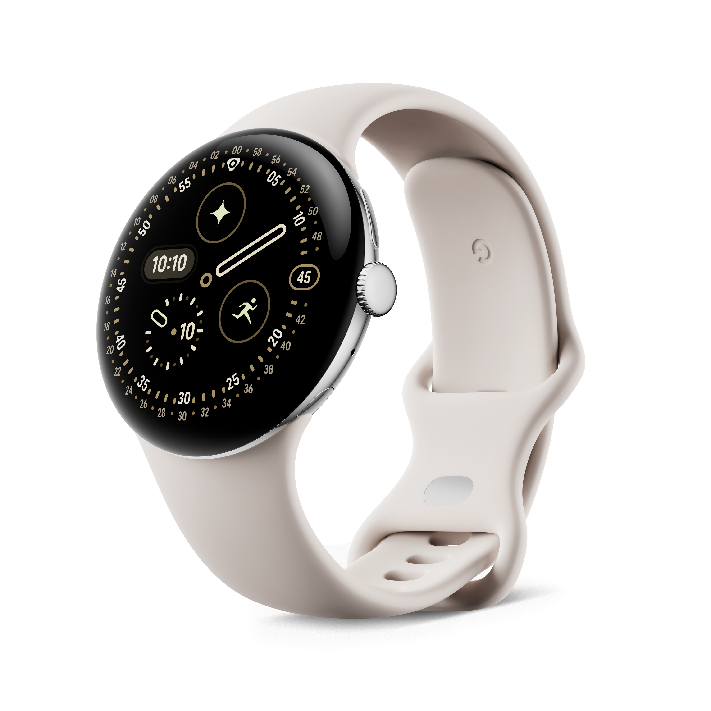 Eine Smartwatch mit schwarzem Display mit Uhrzeit und Aktivitätssymbolen, mit hellbeige Armband.
