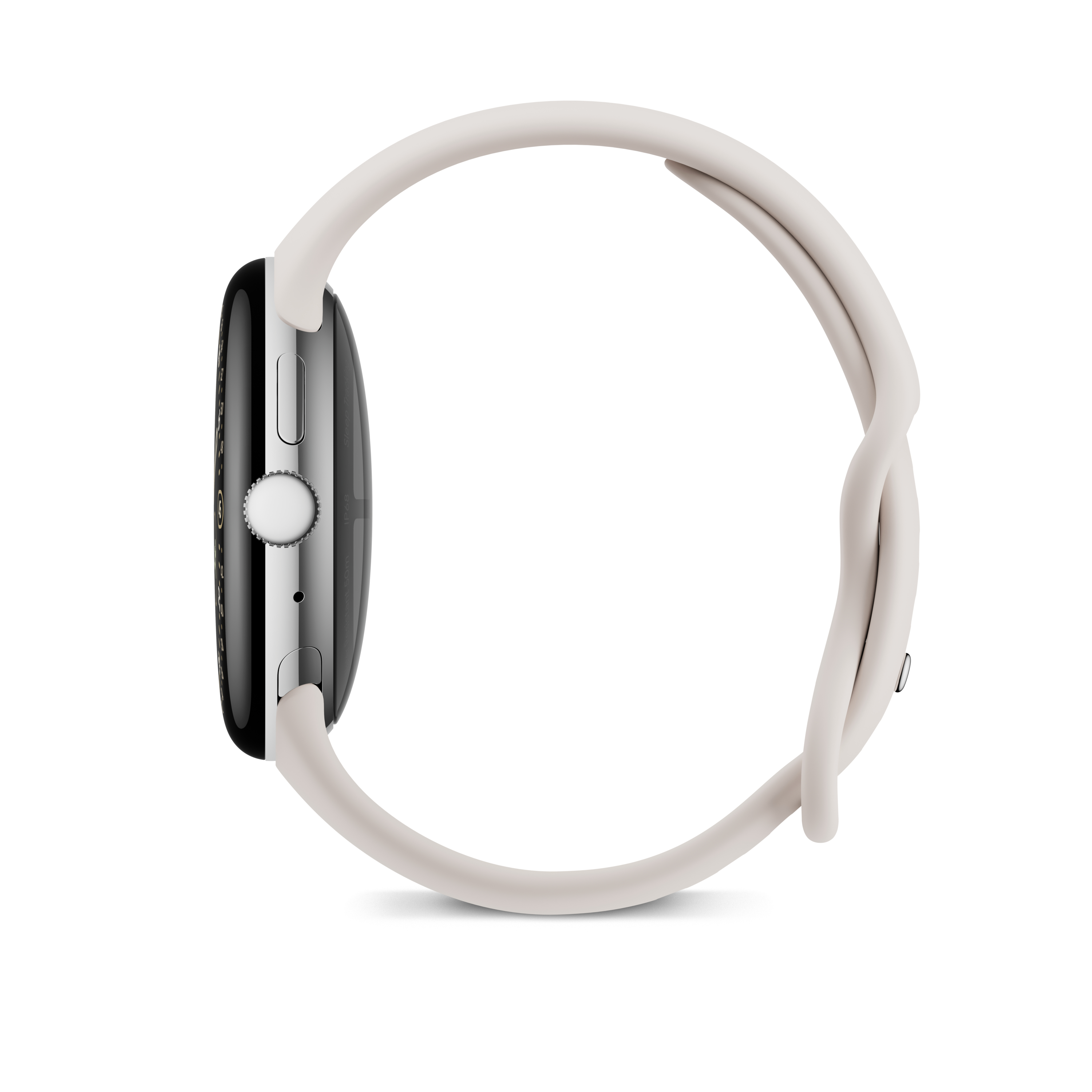 Seitenansicht einer weißen Smartwatch mit silbernem Gehäuse und weißem Armband auf weißem Hintergrund.