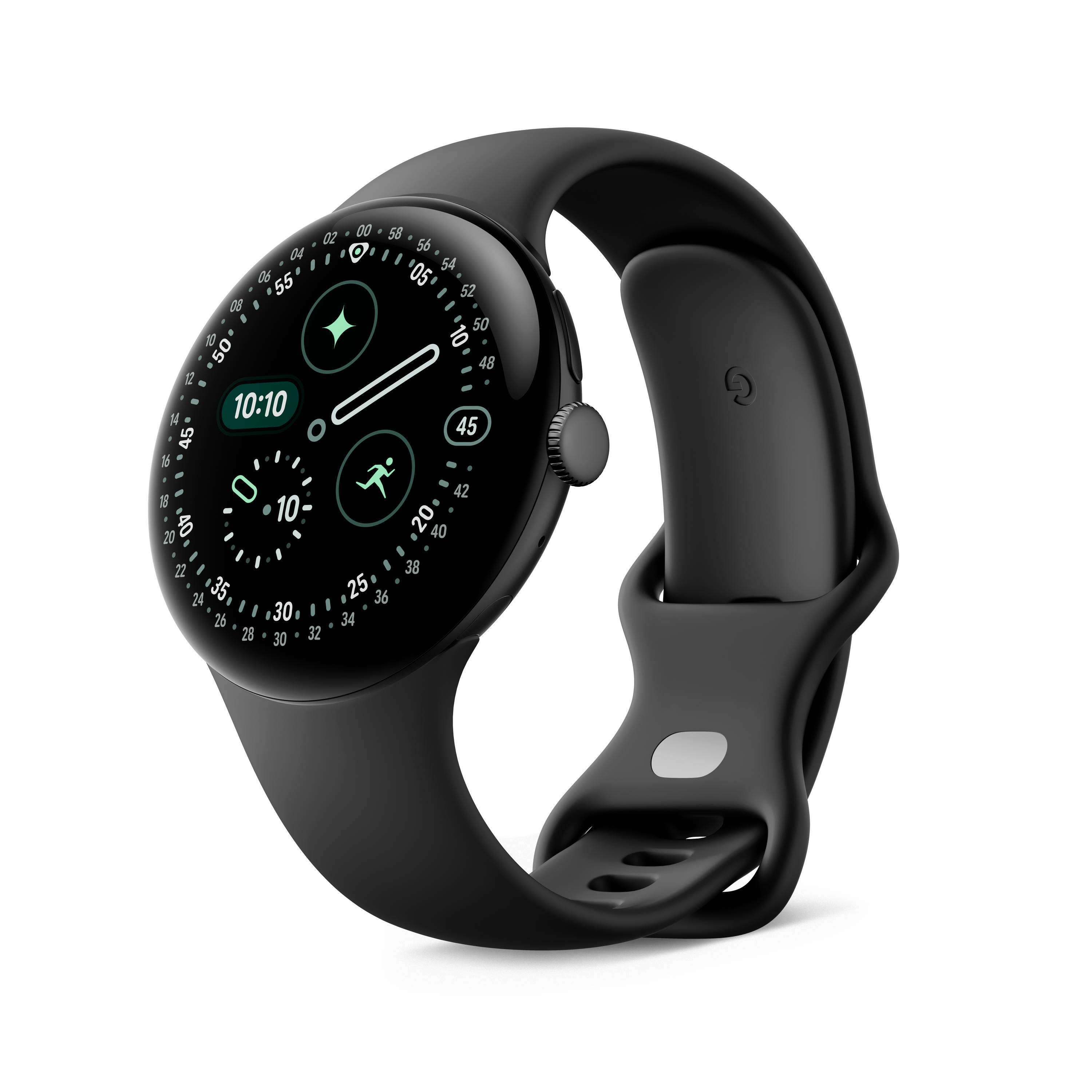 Schwarze Smartwatch mit rundem Zifferblatt. Es zeigt die Uhrzeit 10:10 an. Das Armband ist ebenfalls schwarz.