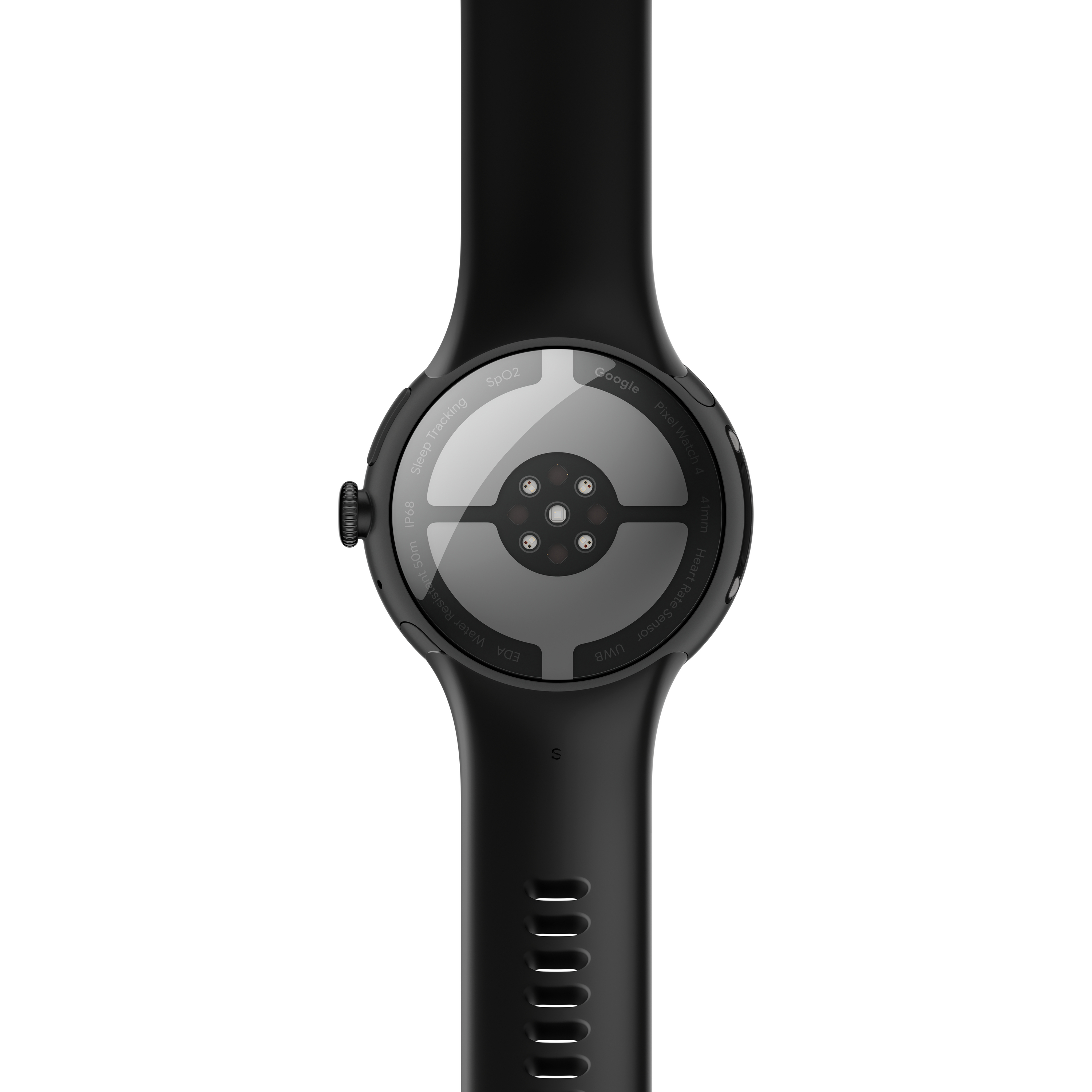 Schwarze Smartwatch-Rückseite mit Sensoren, Markennamen und Armband. Details umfassen Herzfrequenzsensor und Schlaftracking.