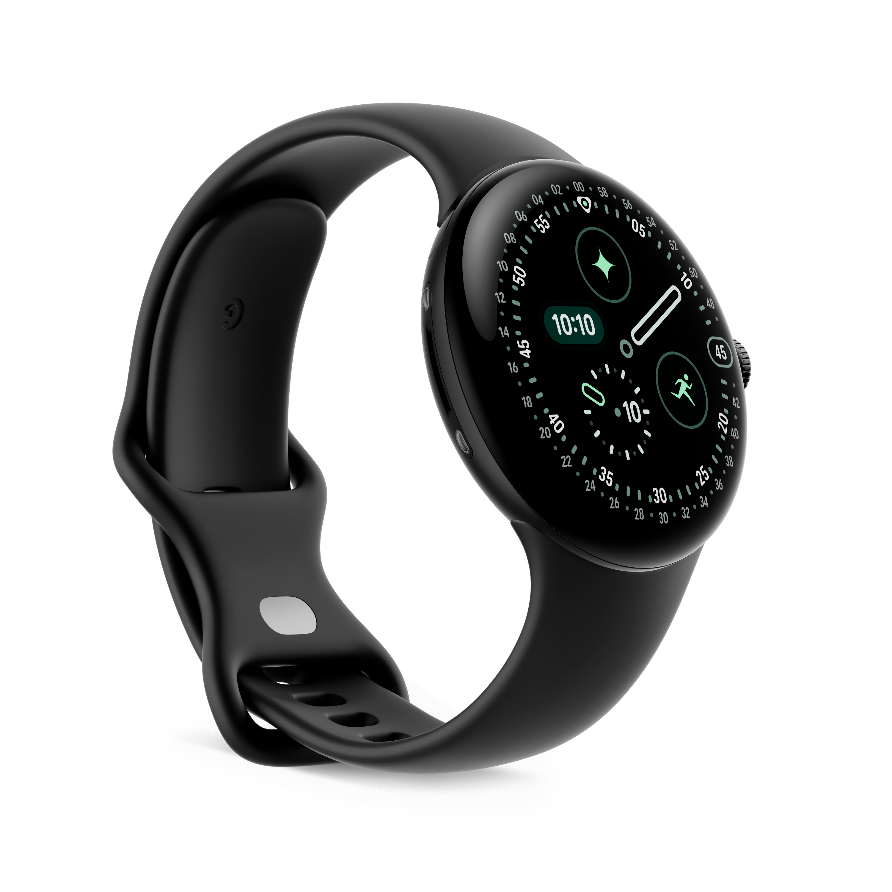 Eine schwarze Smartwatch mit gewölbtem Bildschirm, die die Uhrzeit anzeigt. Das Armband ist schwarz, der Hintergrund weiß.