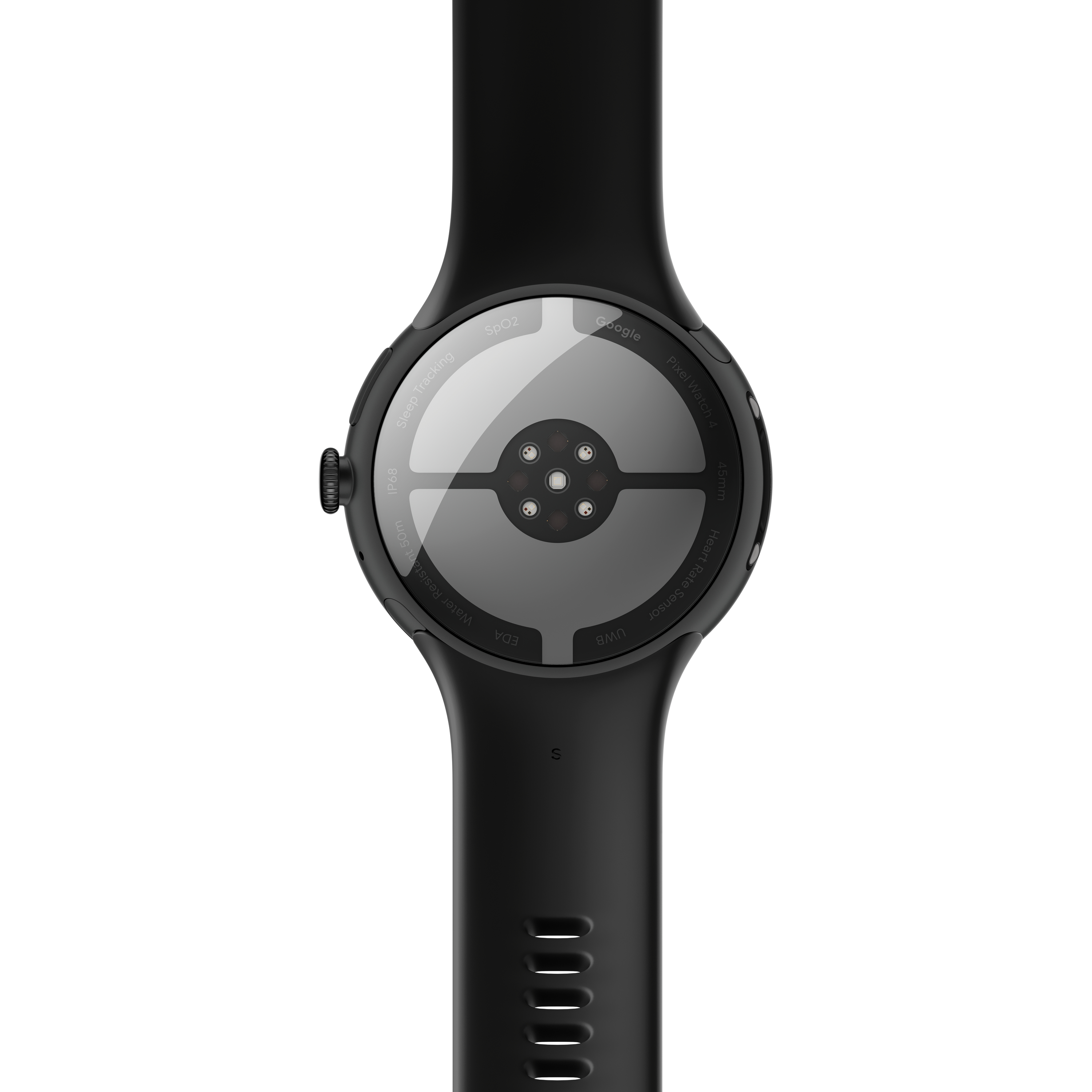 Eine schwarze Google Pixel Watch 4, Rückansicht, mit Sensoren und einem schwarzen Armband. Merkmale sind Schlafüberwachung und Herzfrequenzsensor.