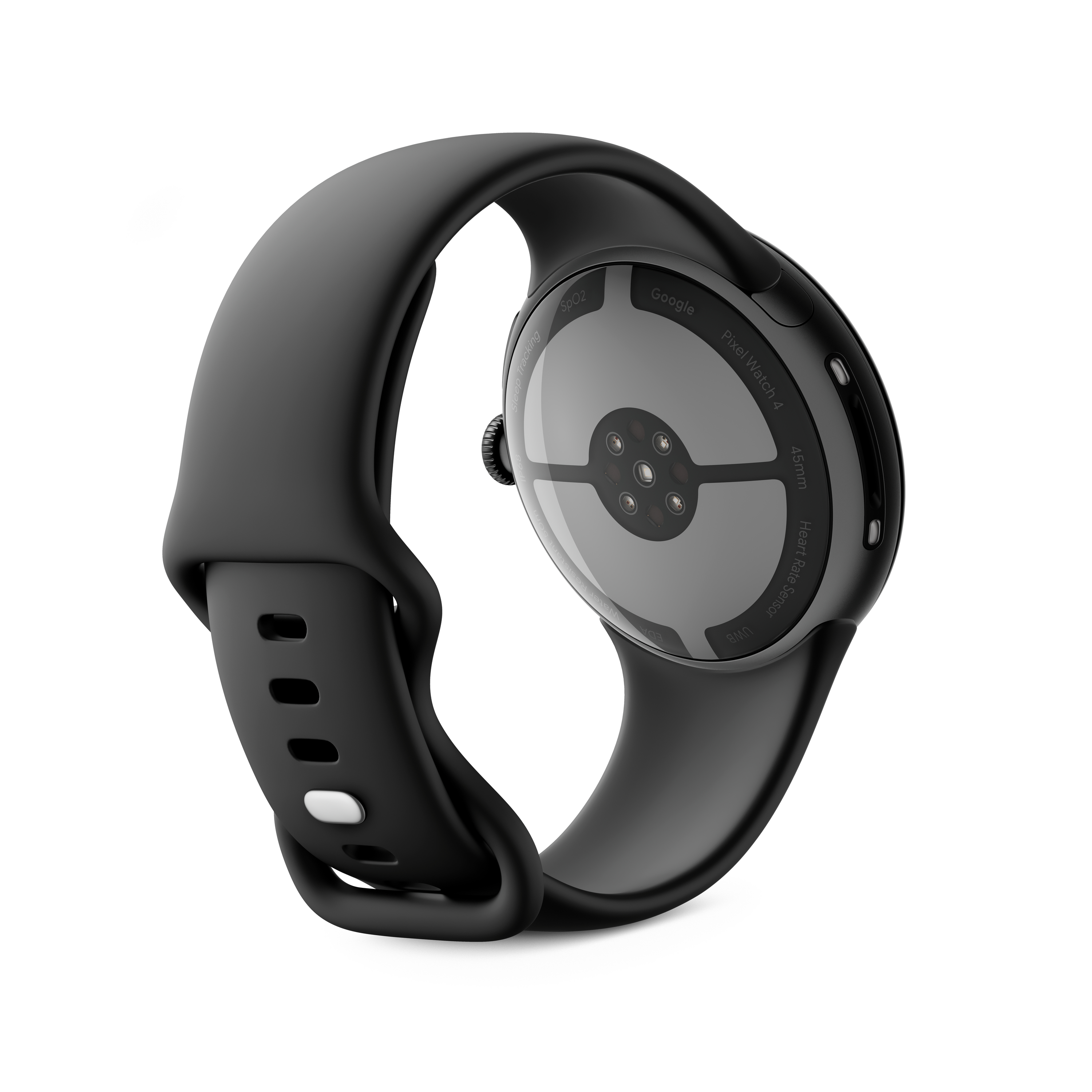 Schwarze Google Pixel Watch 4 mit schwarzem Armband, Rückseite sichtbar. Merkmale sind Herzfrequenzsensor, SpO2 und Schlaftracking.