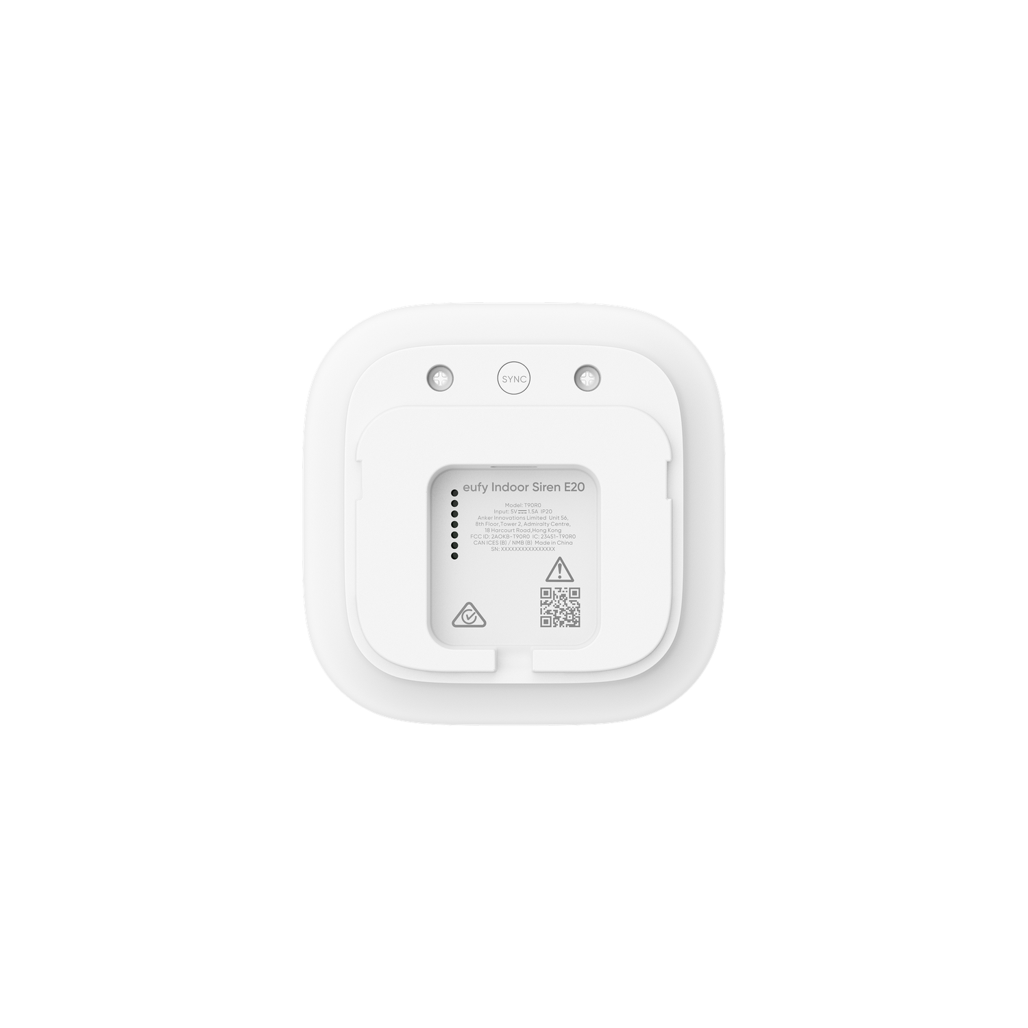 A white eufy Indoor Siren E20 device. It has a sync button, a product label, and a QR code. The background is black.