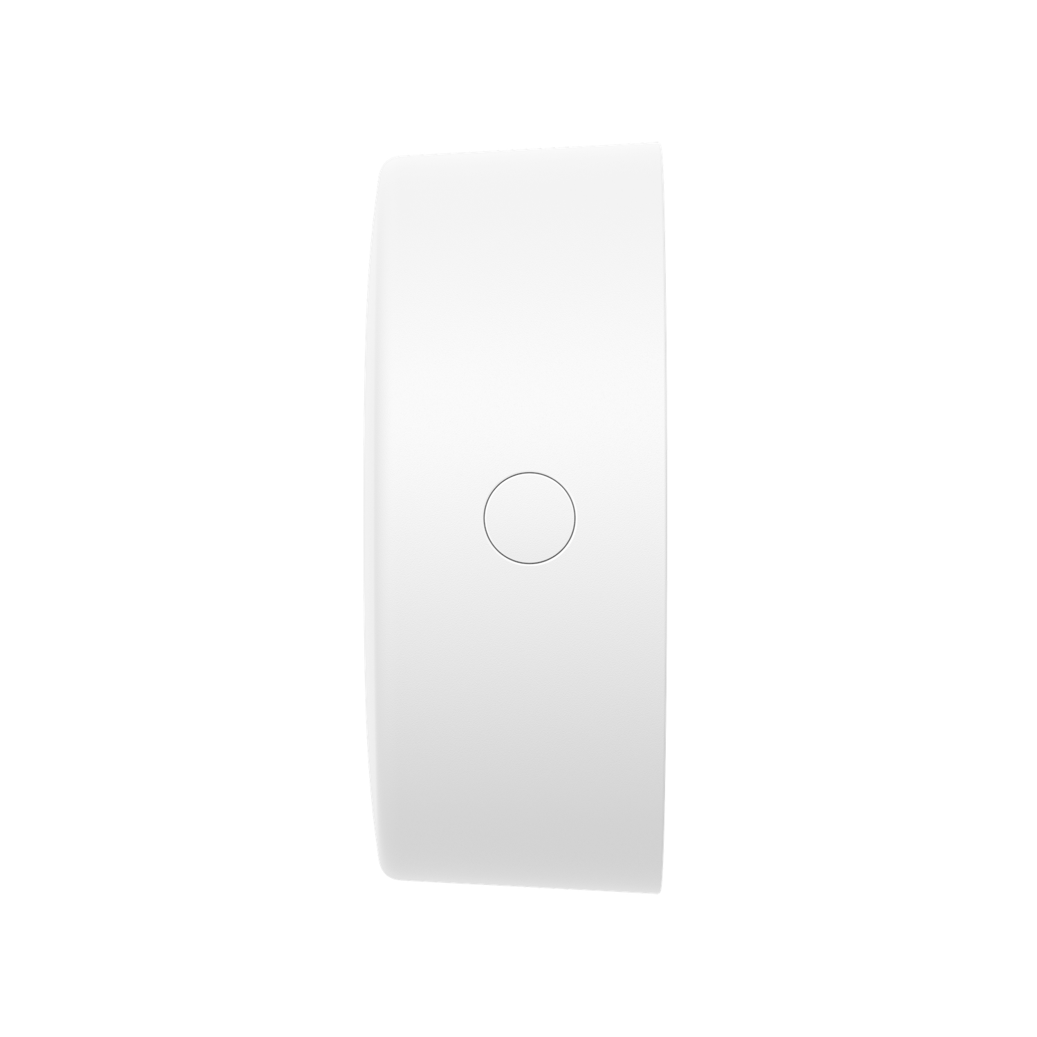 A white, rectangular device with rounded edges and a small circle in the center, set against a black background.