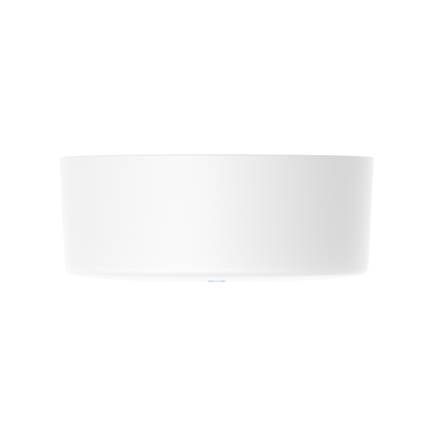 A white cylindrical object against a black background. The object has a slight blue glow at the bottom.