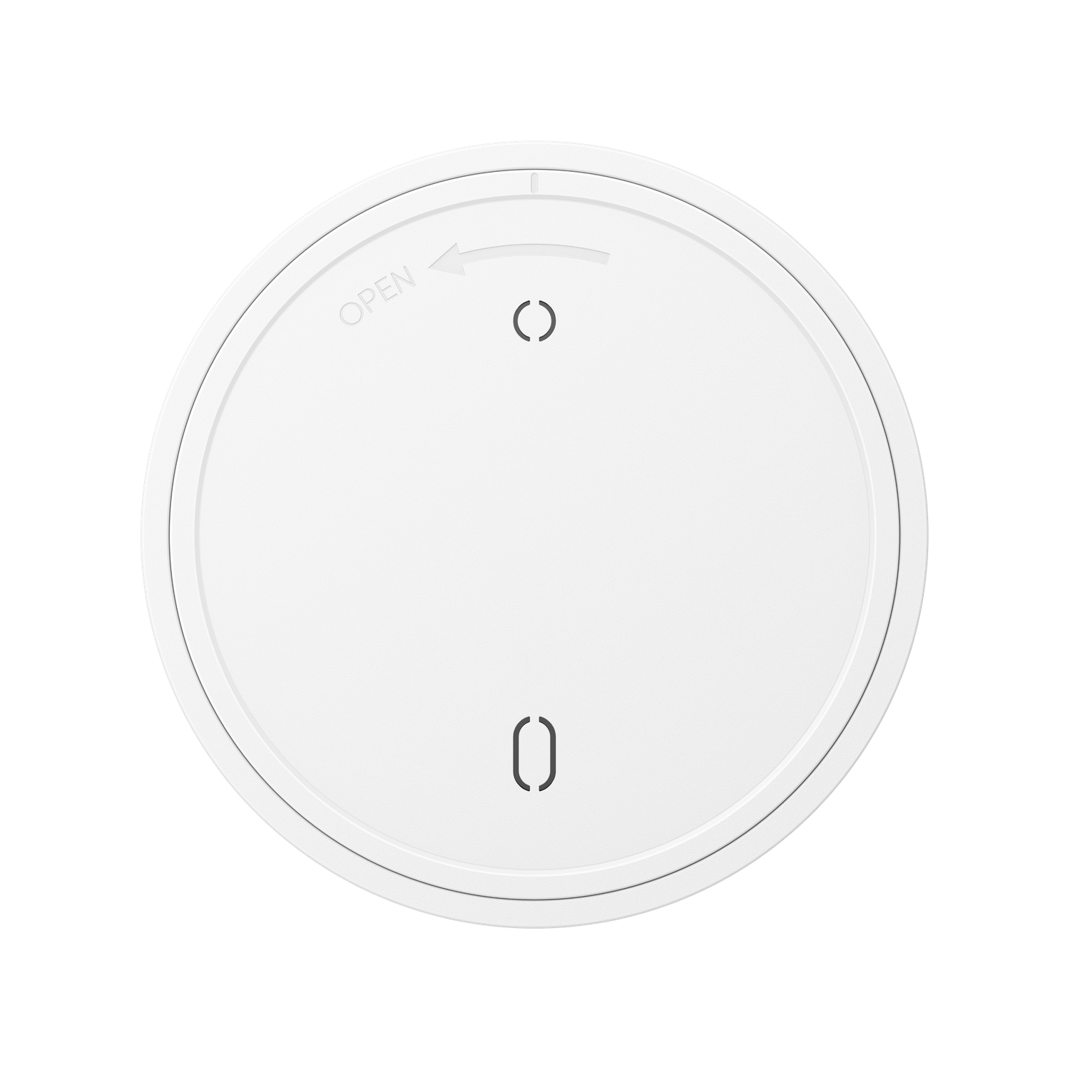 A white circular object with a groove. It has an 'OPEN' arrow, two semi-circles, and a smaller circular ring.