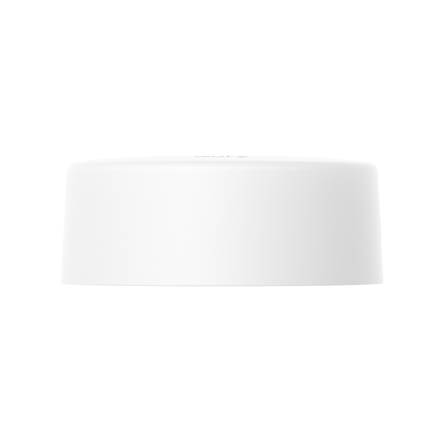 A white, cylindrical object is centered on a black background. The object has rounded edges and a slightly trapezoidal shape.