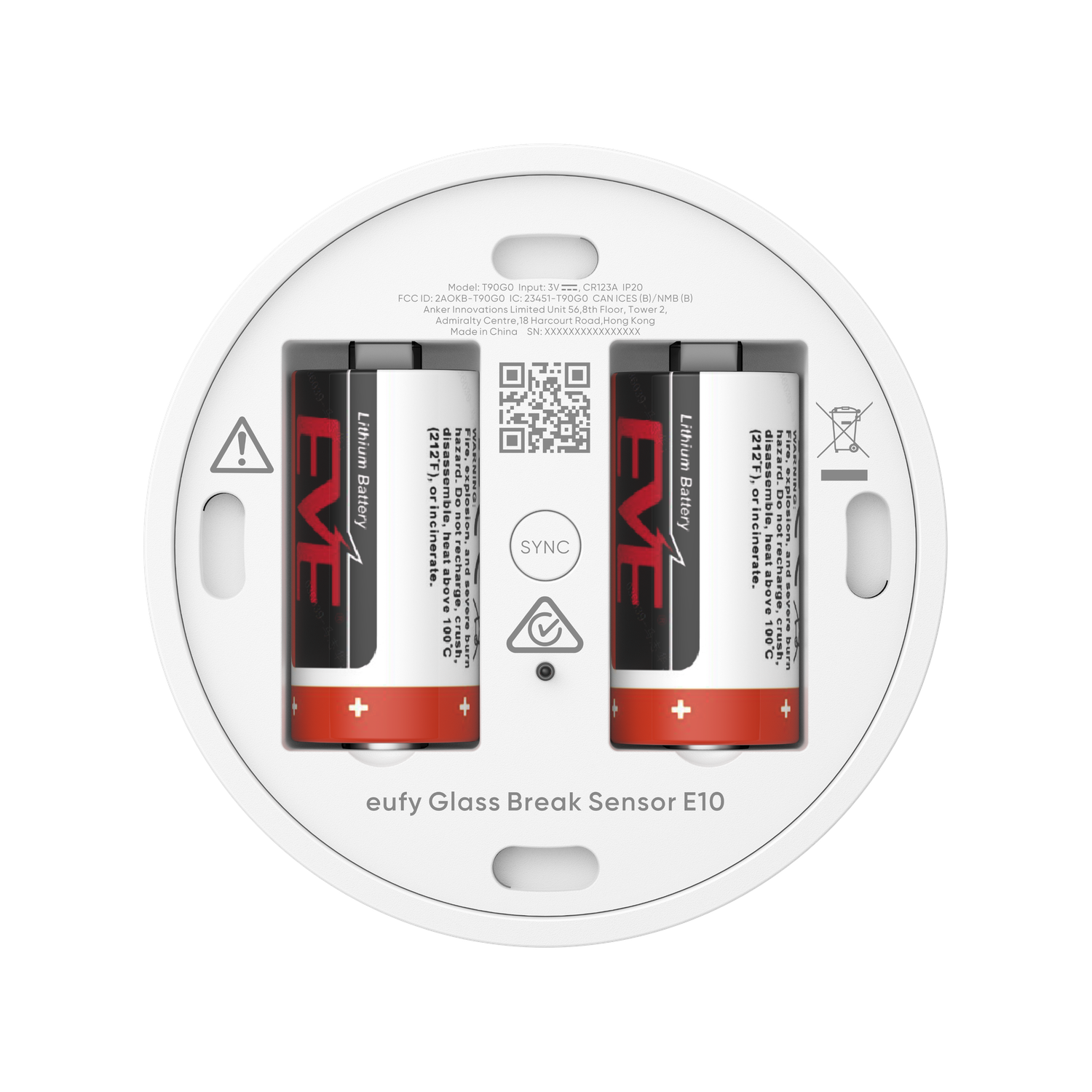 A white eufy glass break sensor with two EVE batteries. Text includes warnings and product details.