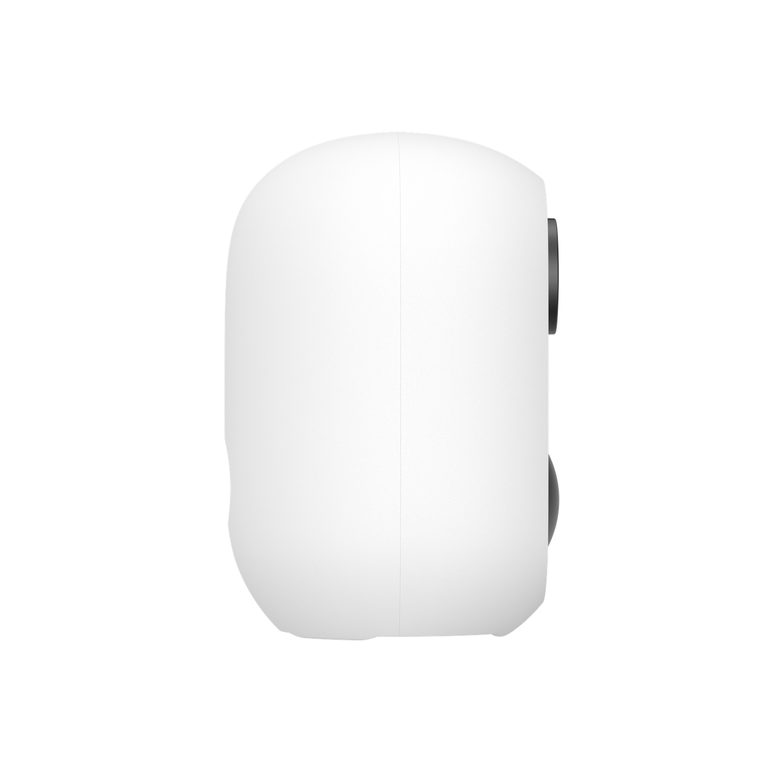 Un appareil blanc et arrondi est isolé sur fond noir. Une lentille gris foncé est visible sur le côté droit.