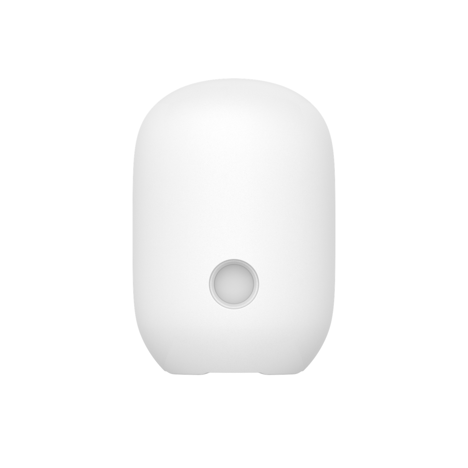 Un objet blanc rectangulaire arrondi avec un petit bouton circulaire au centre, sur fond noir.
