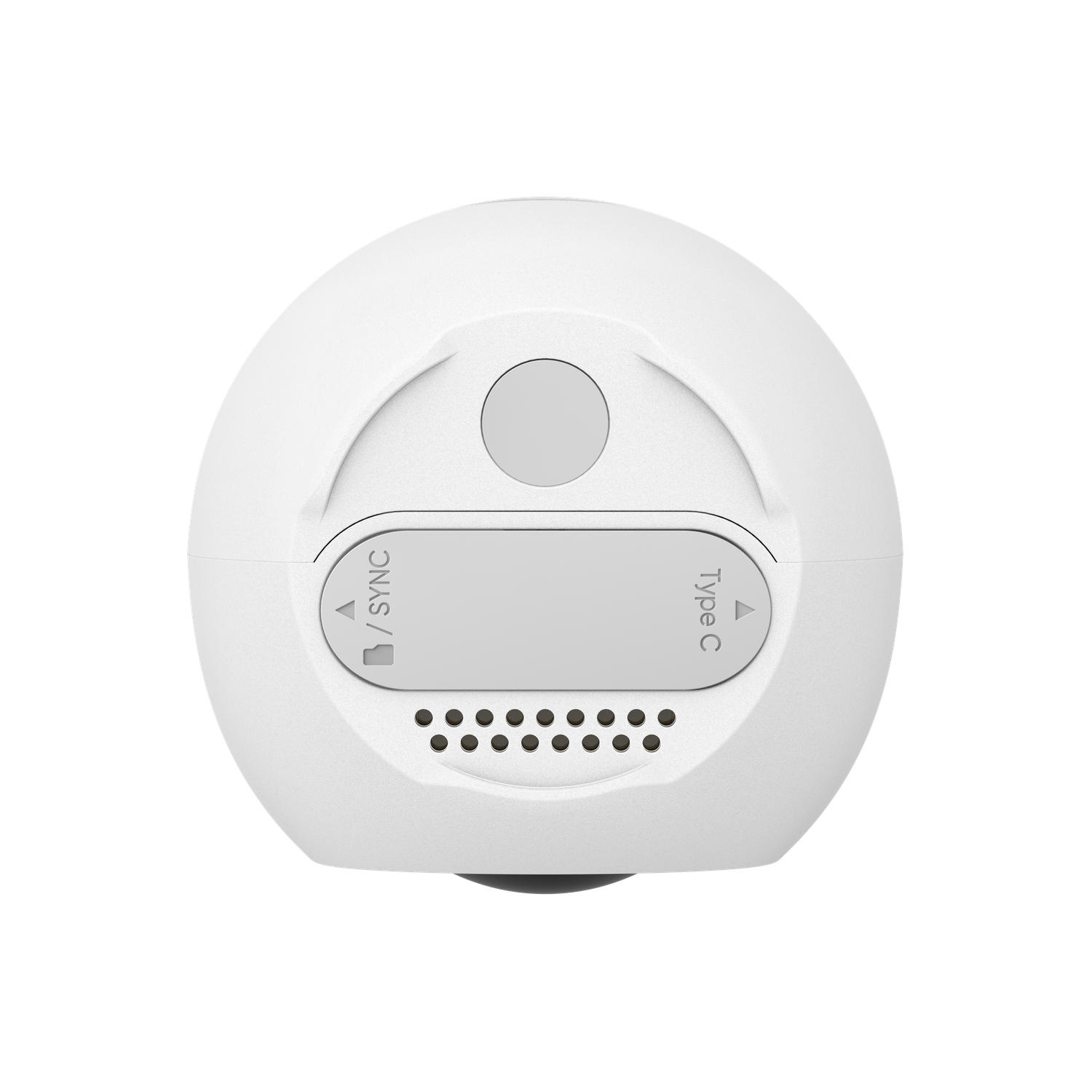 Appareil blanc et arrondi avec bouton, étiquettes sync et type C, et petits trous en bas. Objectif de caméra visible.