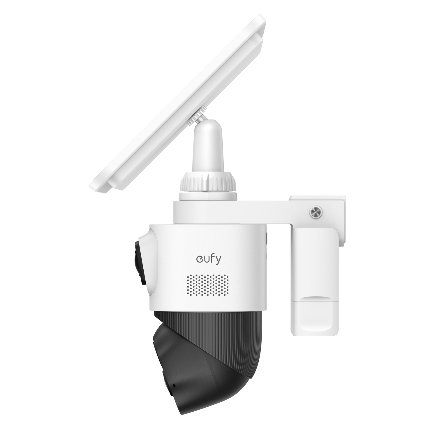 A white Eufy security camera with a solar panel. It has a black bottom, a white arm, and a white mounting bracket.