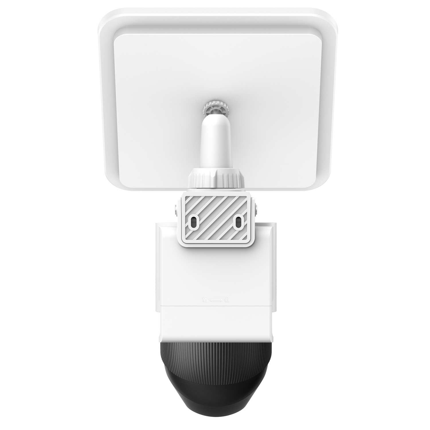 White surveillance camera, mounted. It has a square top, a white body, and a black, ribbed bottom.