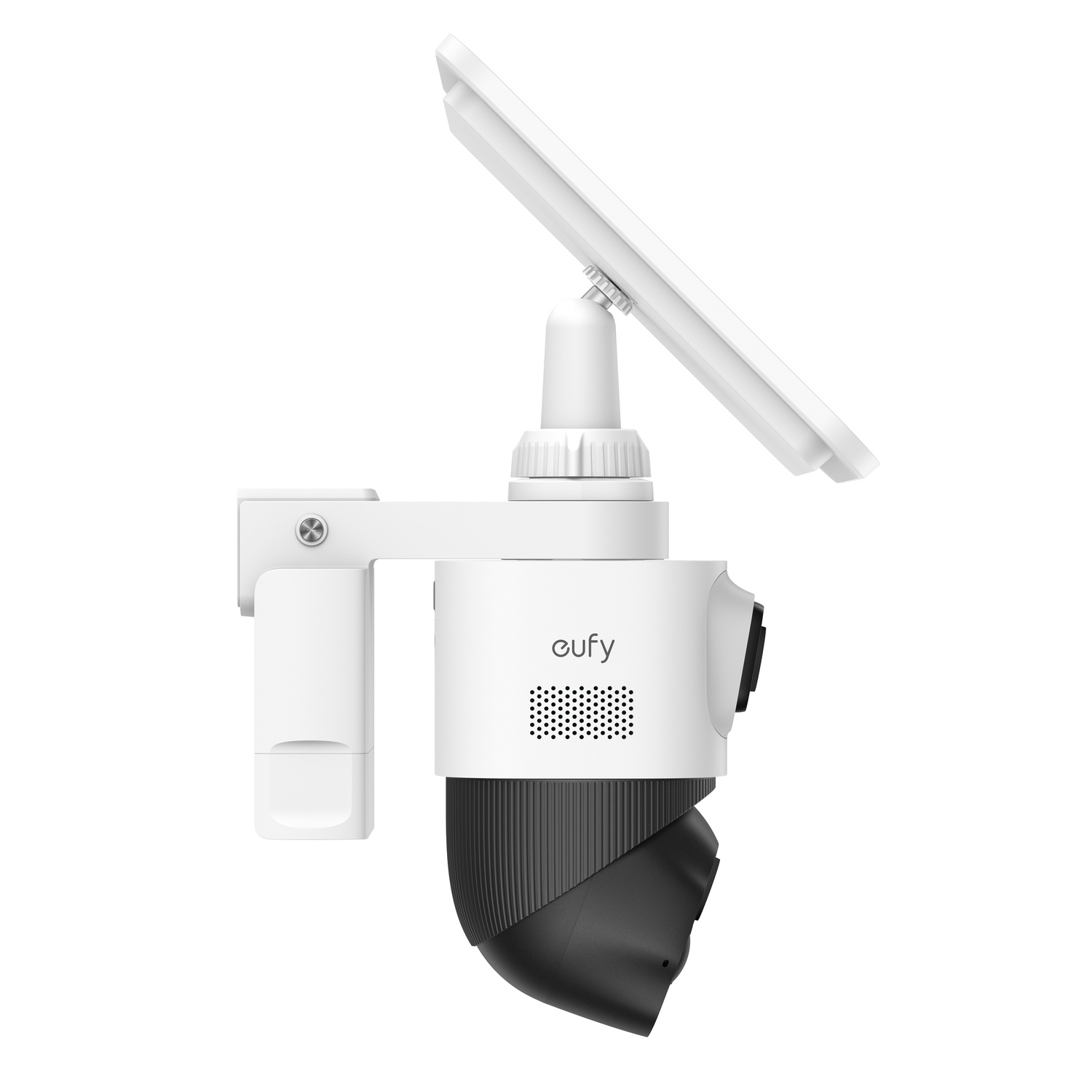 White Eufy security camera with a black lens. It has a solar panel and is mounted on a white bracket.