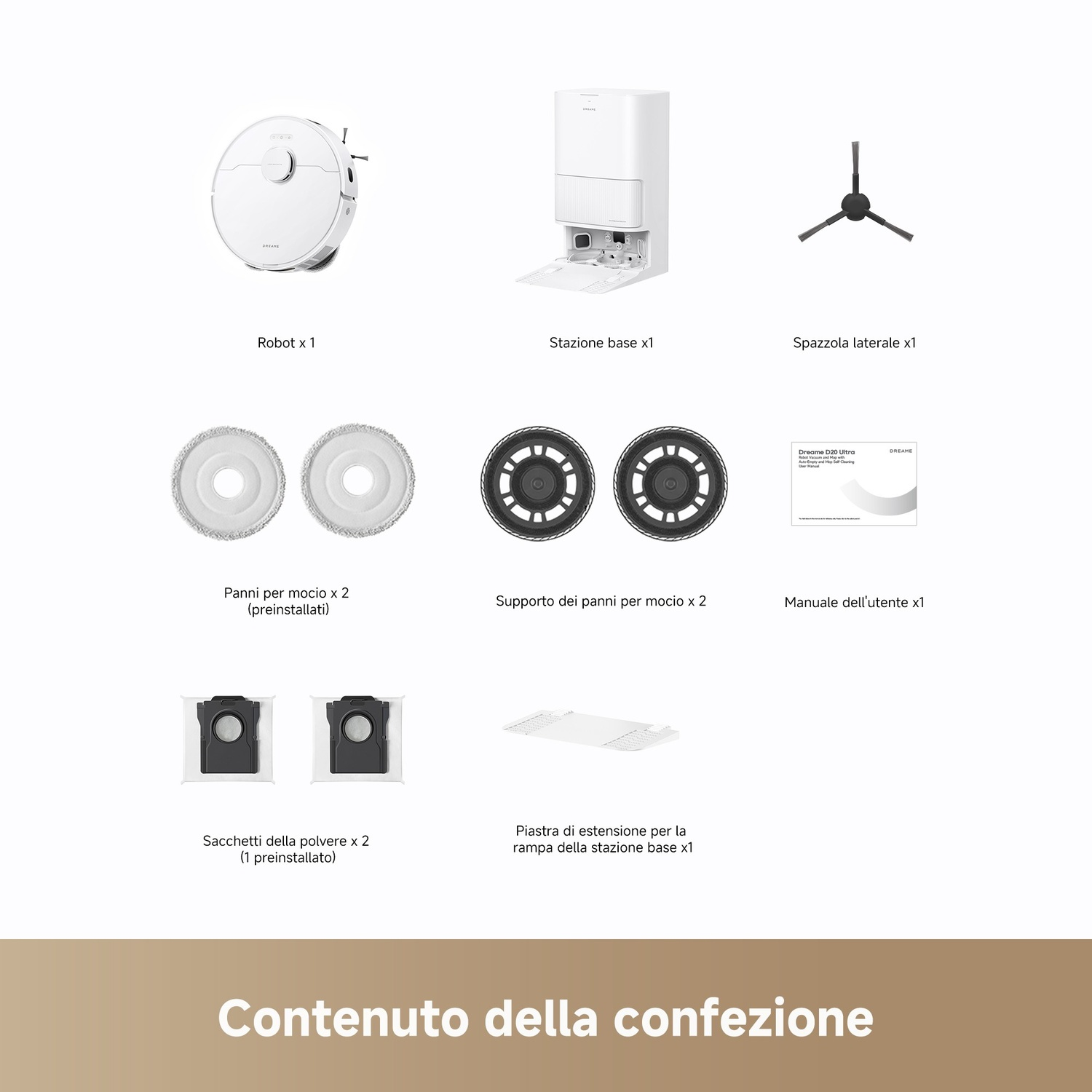 L'immagine mostra il contenuto di un pacchetto Dreame D20 Ultra, tra cui un robot aspirapolvere, una stazione base e vari accessori.
