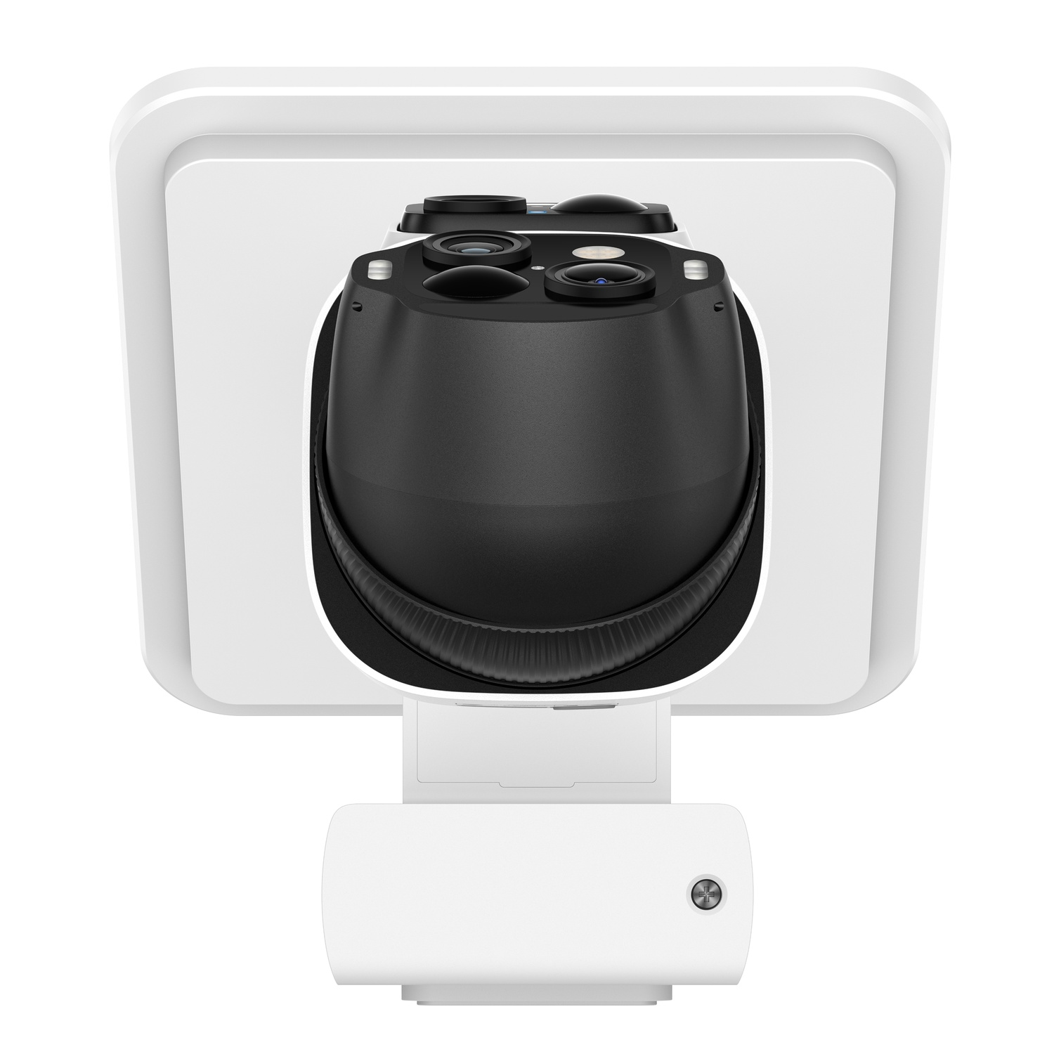 A security camera with a black lens and a white frame. The camera is on a white stand, and the background is white.
