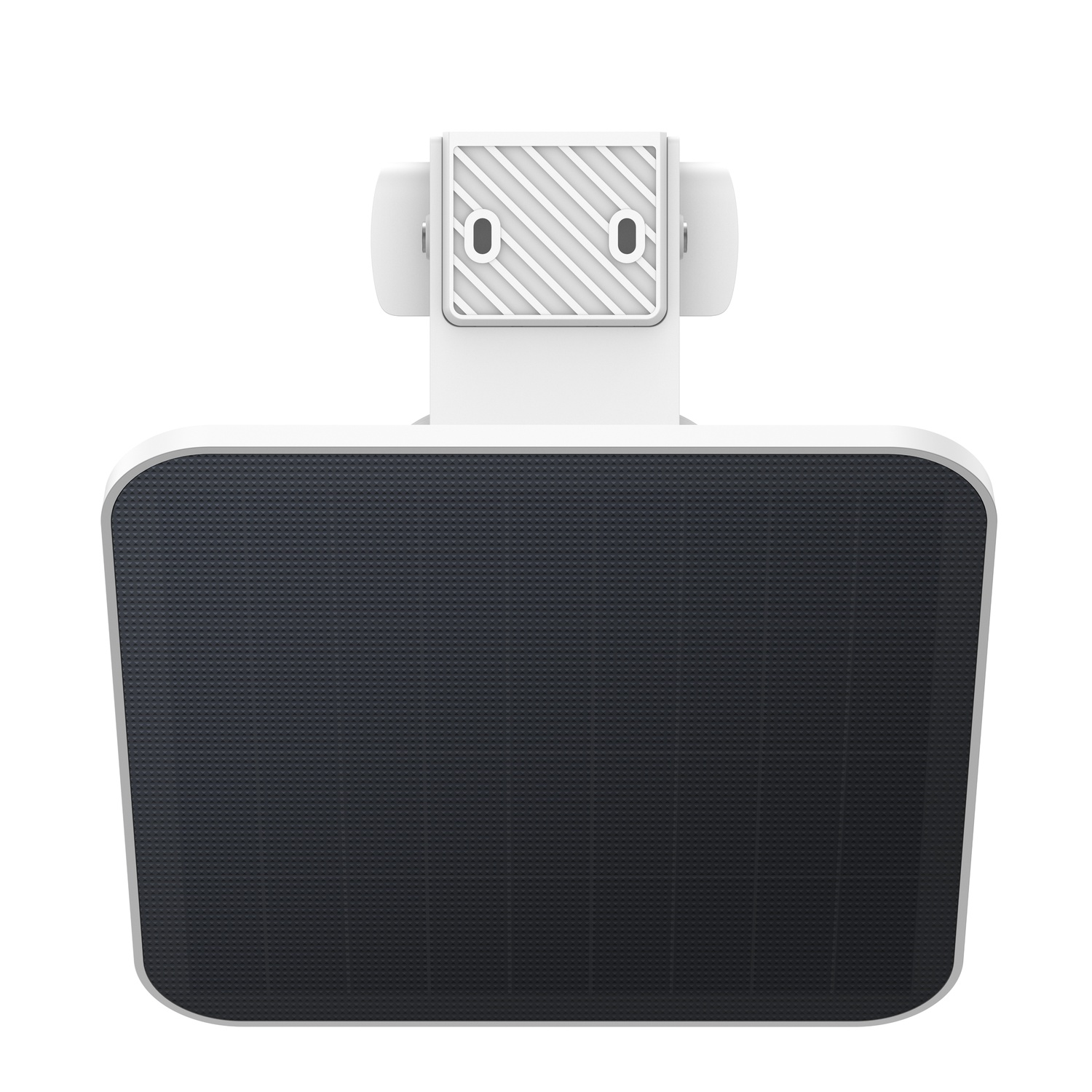 A white device with a dark gray textured surface. The device has a rectangular shape with rounded corners and a mounting bracket.