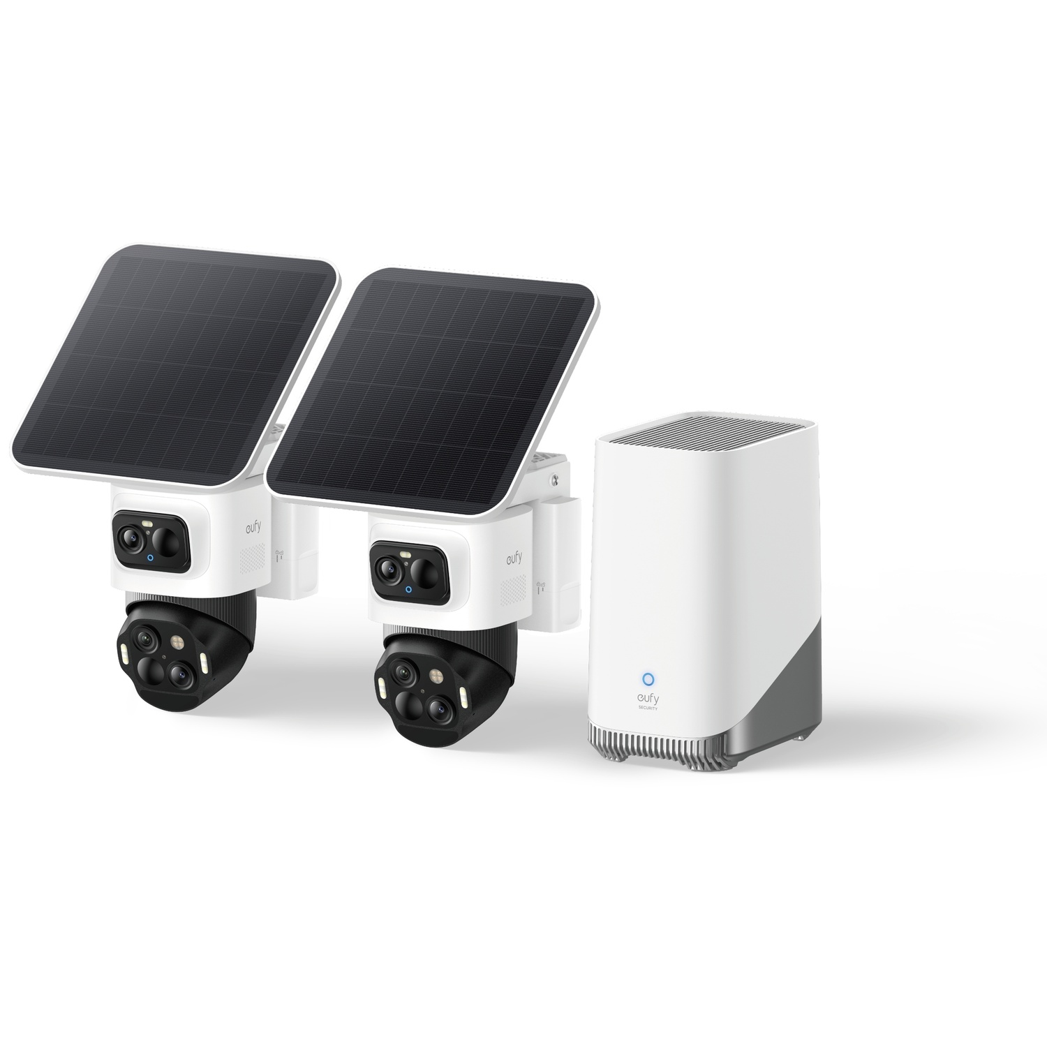 Two white security cameras with solar panels and a white base station on a white background. The cameras have black lenses.